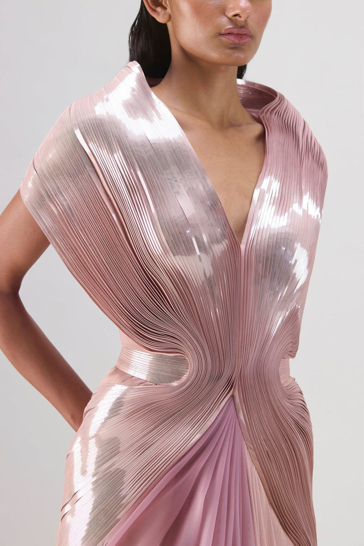 Metallic Rose Micro Pleated Gown