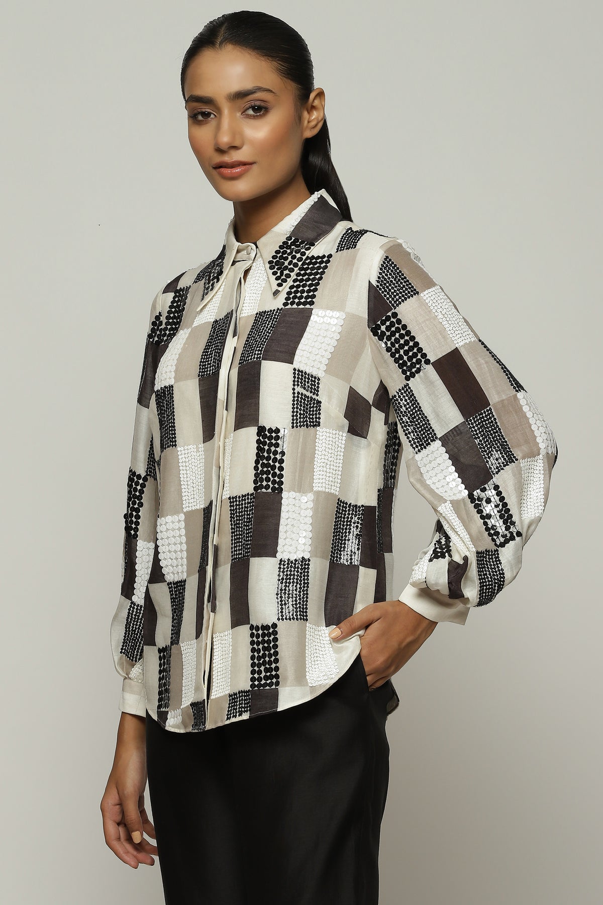 Print And Sequins Blocks Shirt