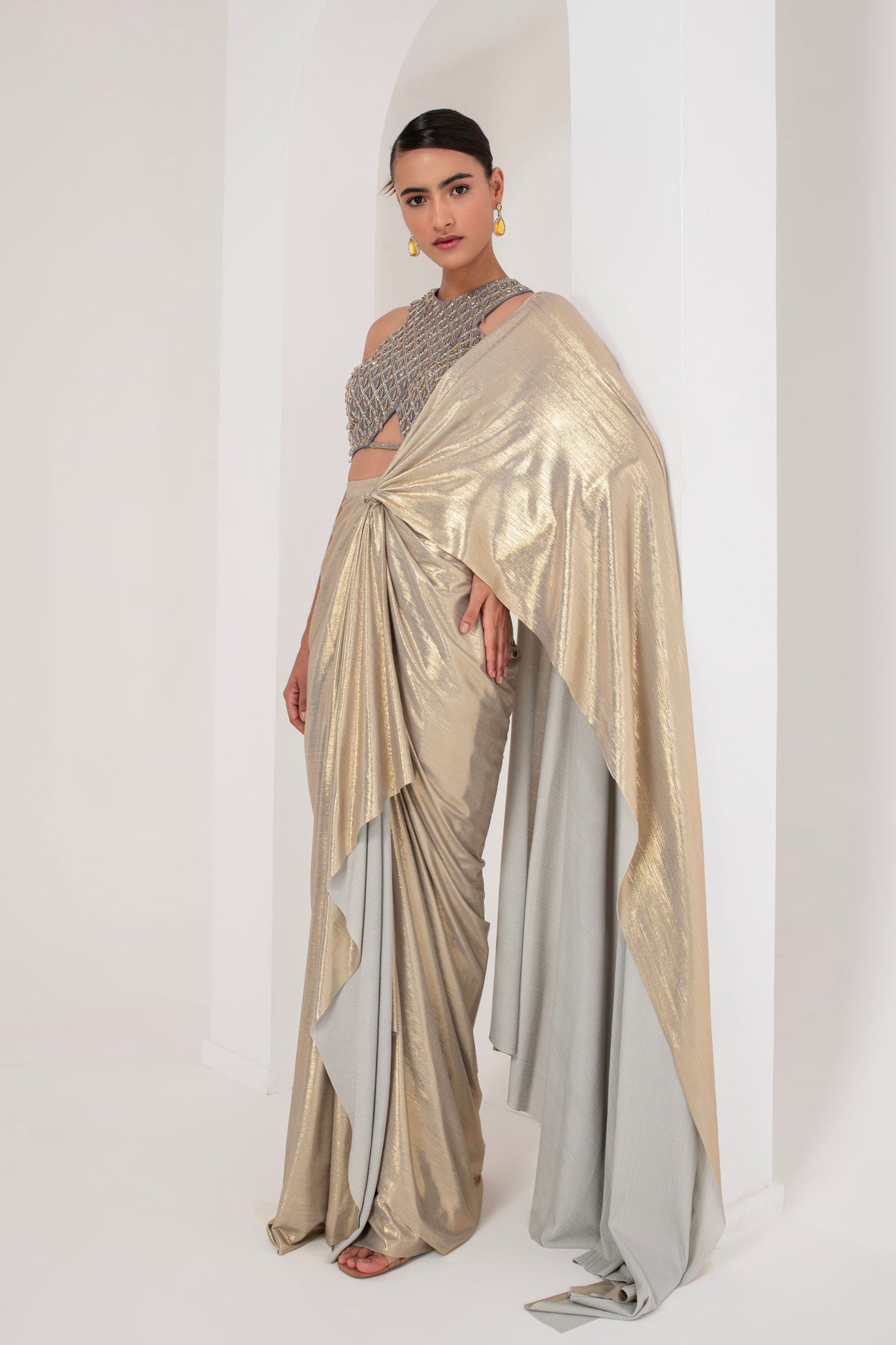 Grey Crystal Saree Set