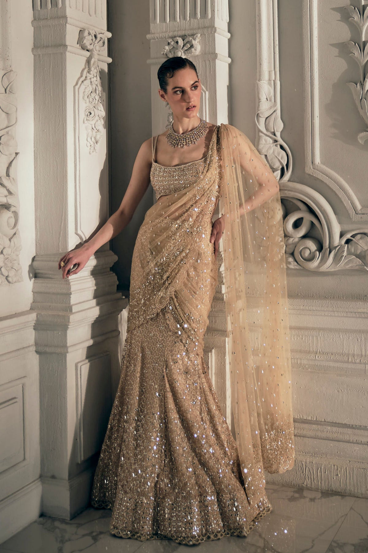 Beige Gold Saree Set