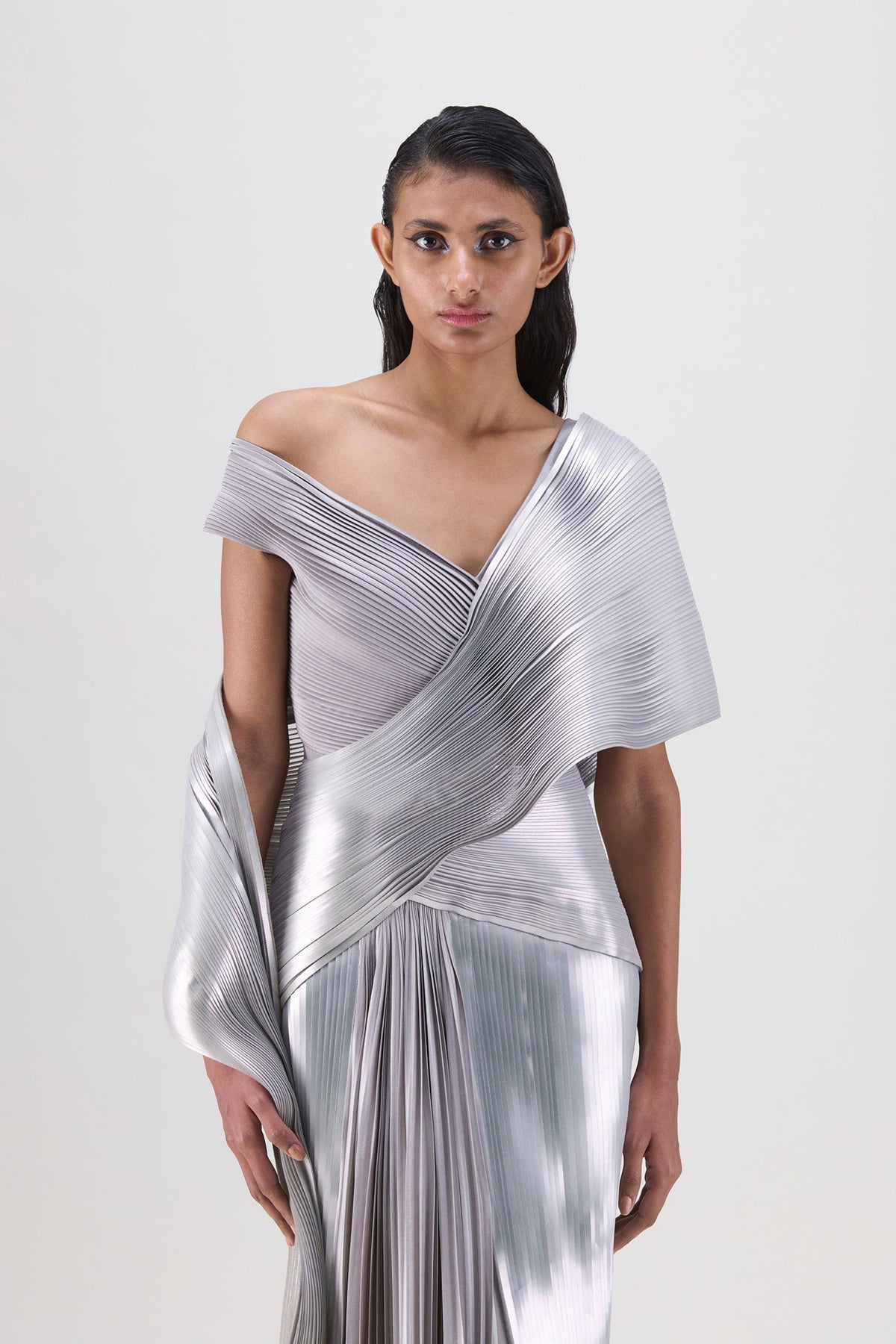 Metallic Steel Micro Pleated Saree