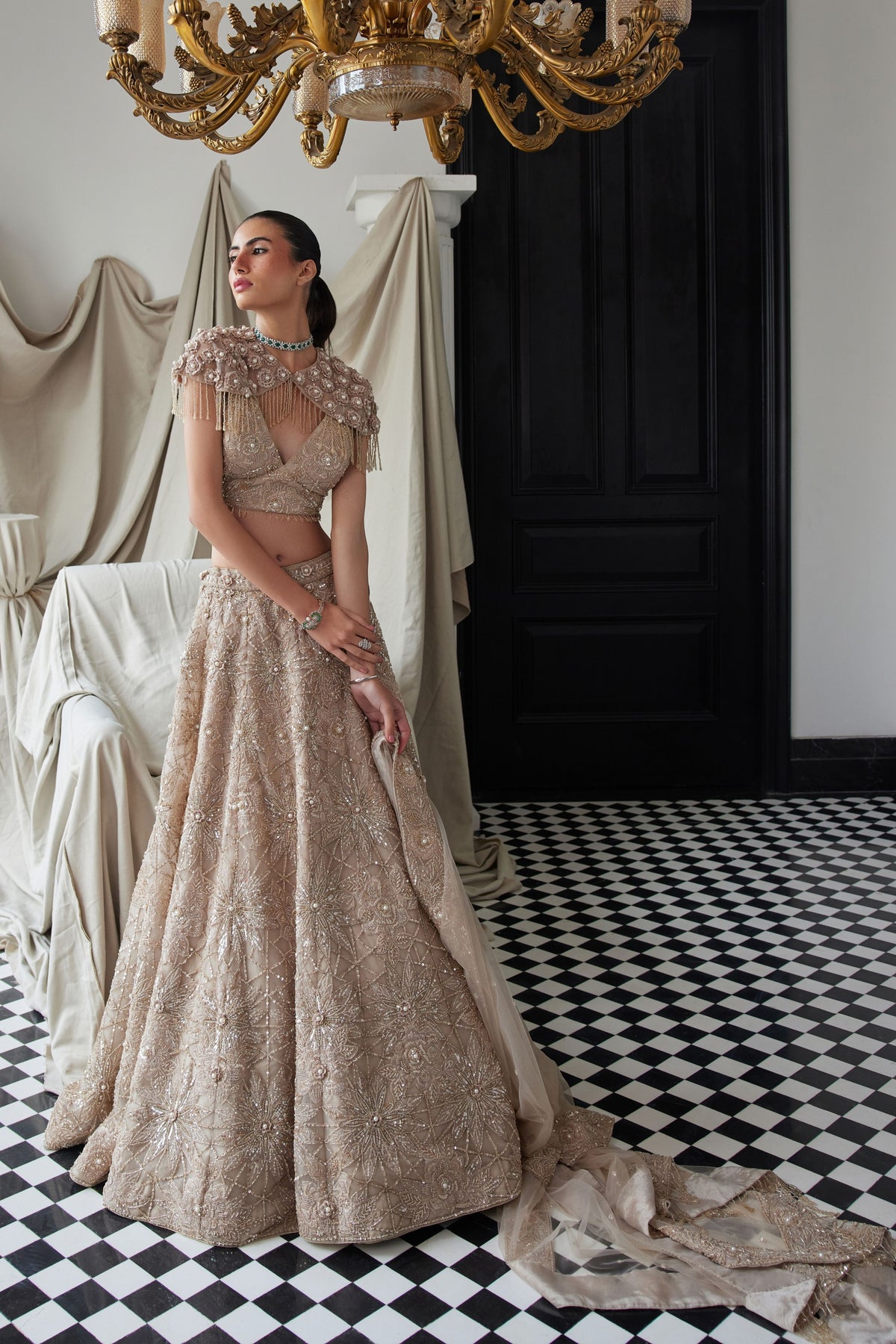 Beige Lehenga With Cape Set