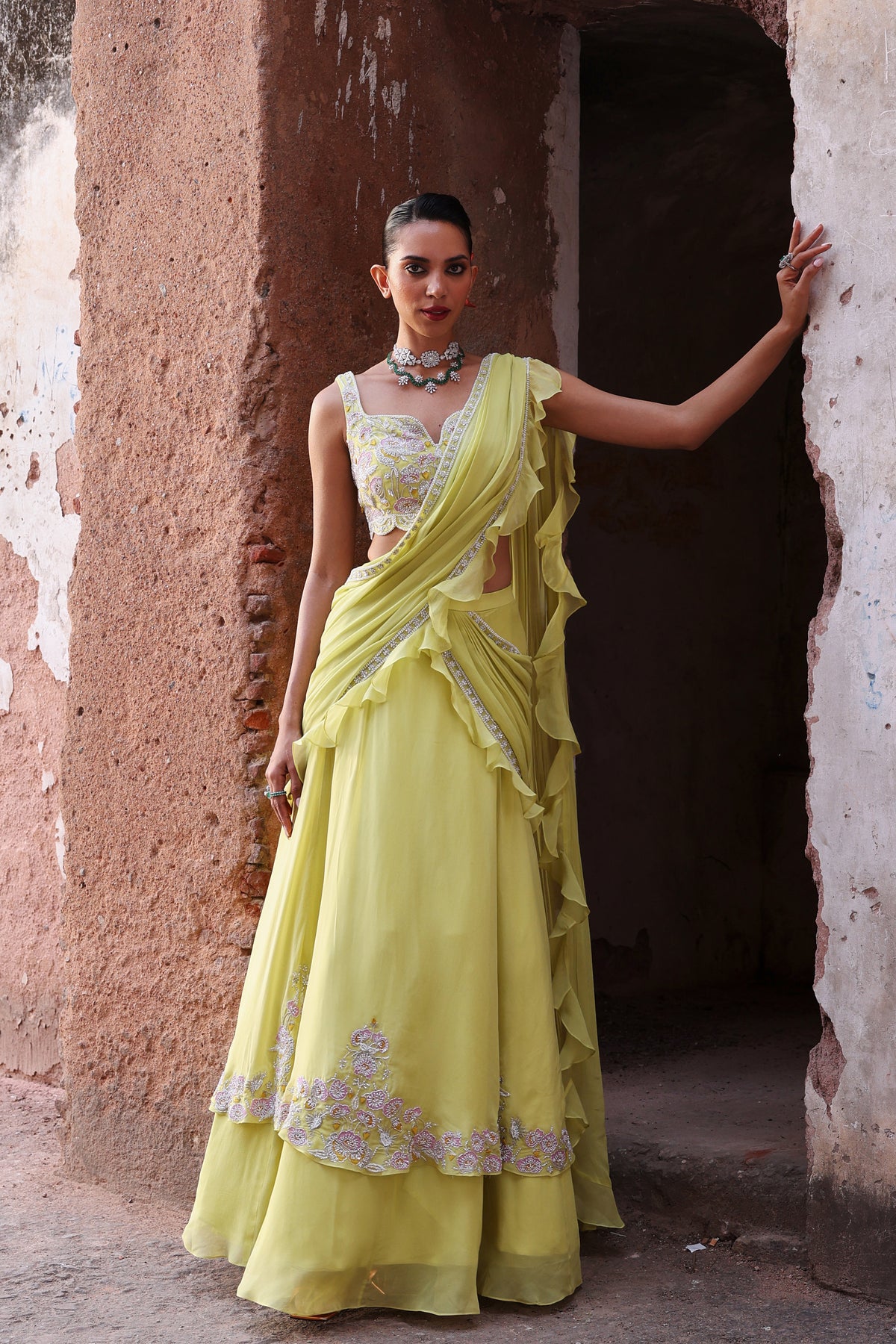 Jinal Lehenga Saree in Neon Green