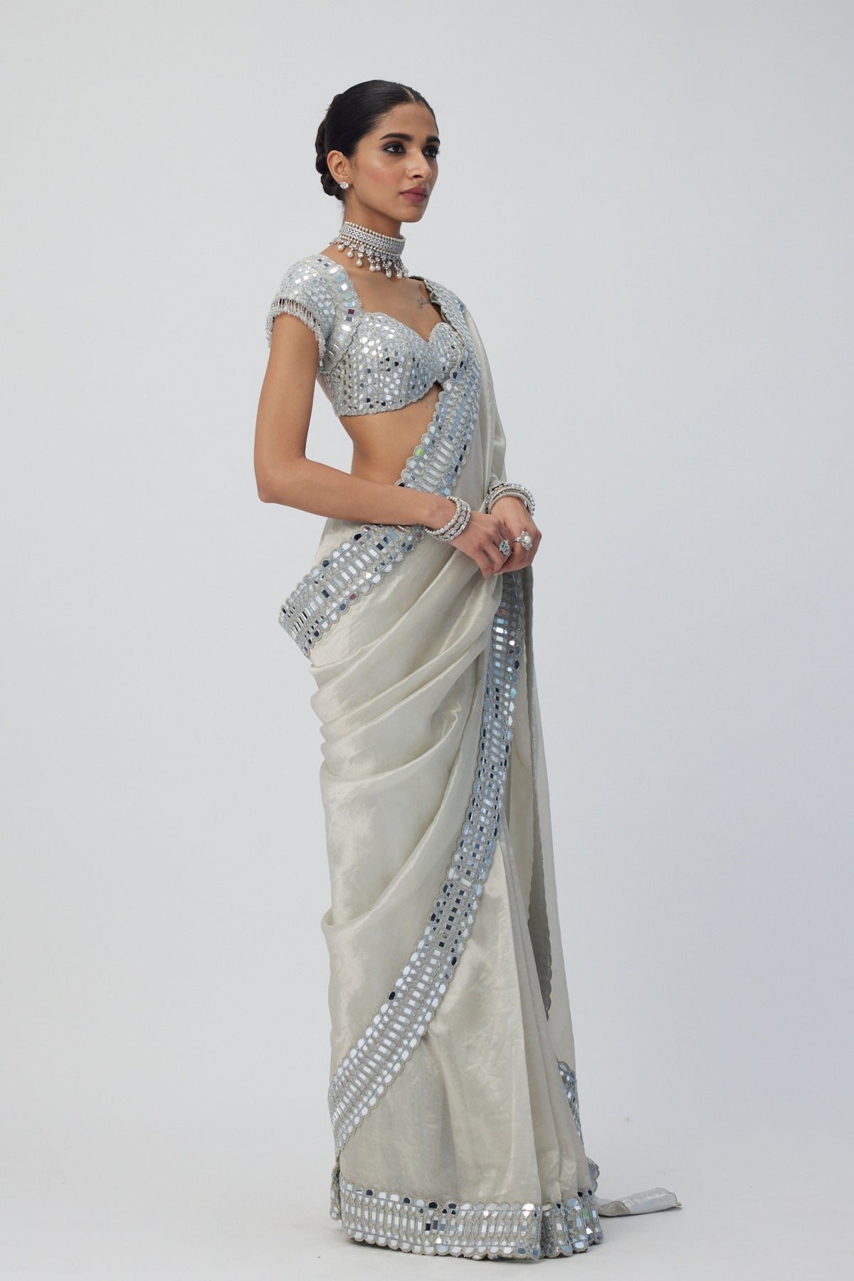 Silver Shimmer Organza Saree Set