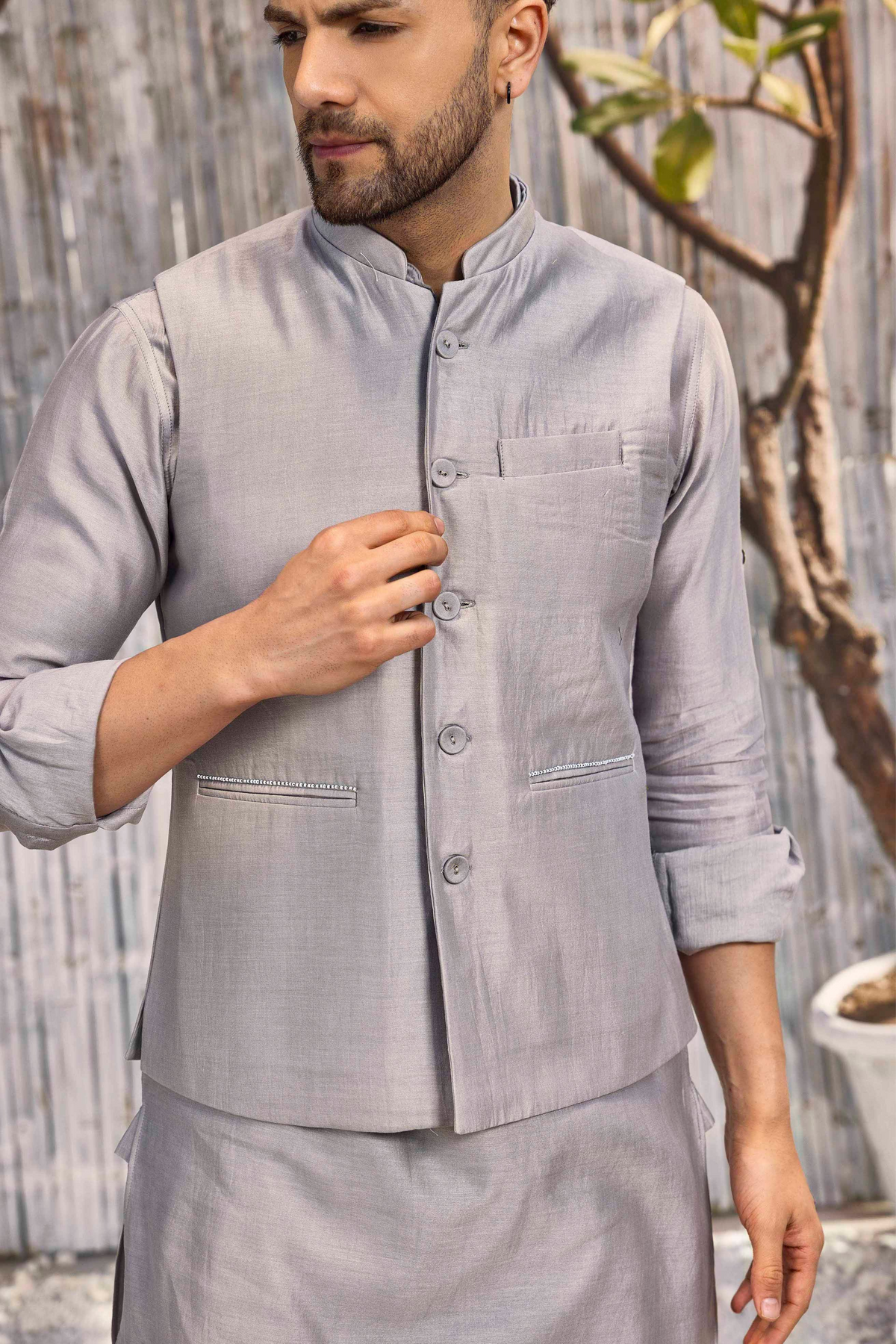 Chanderi Grey Bundi Jacket