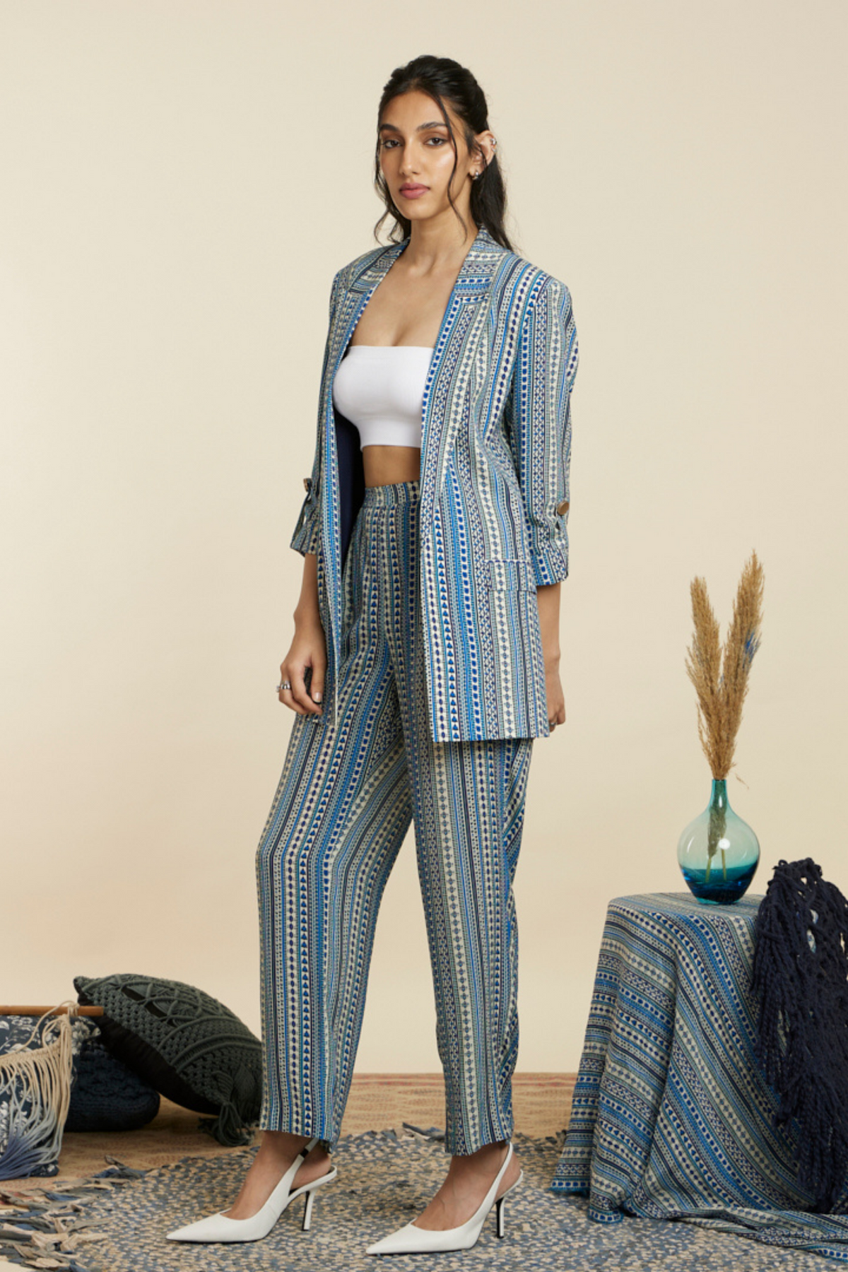 Blue Geo Print Stripe Blazer Set