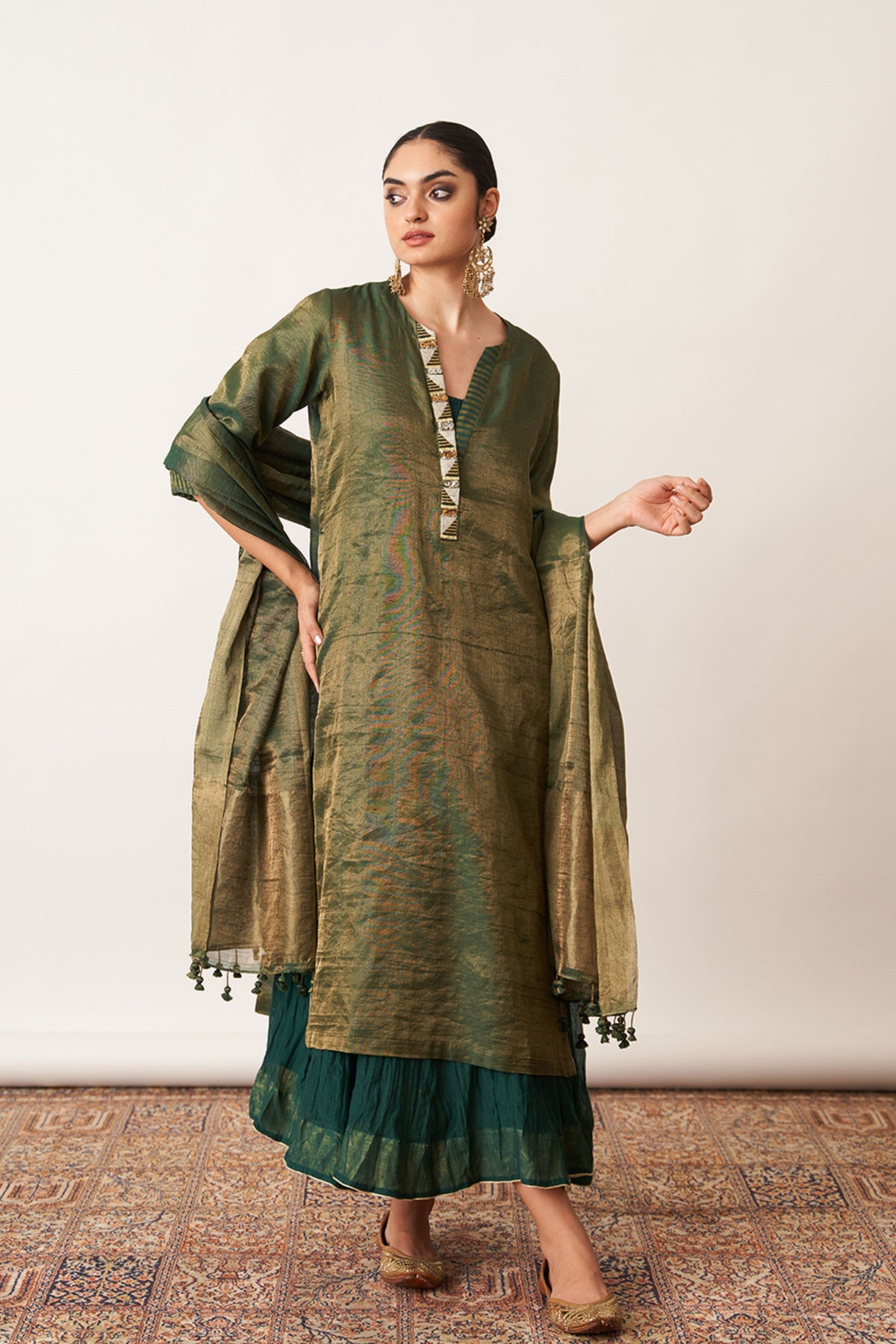 Bottle Green Kurta With Skirt