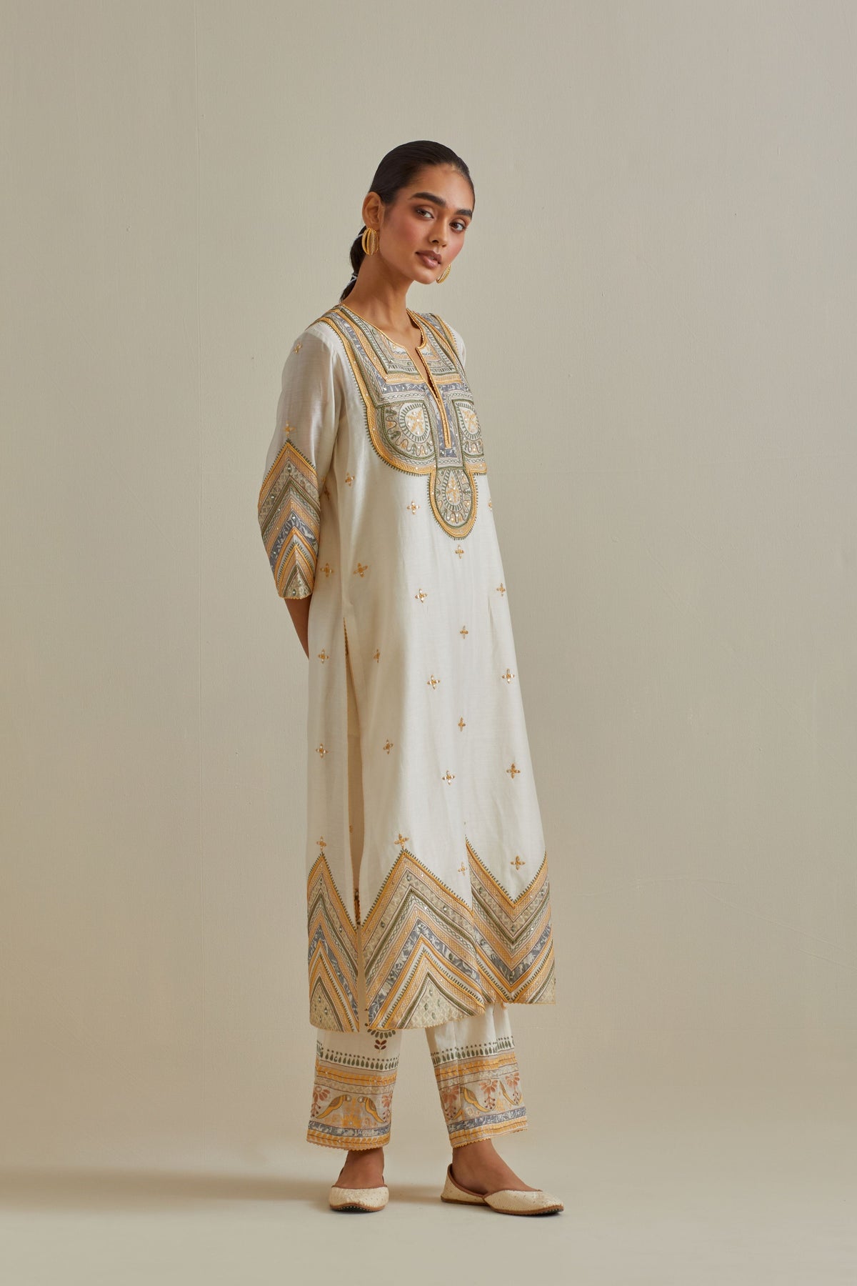 Yellow Thread Embroidered Kurta Set