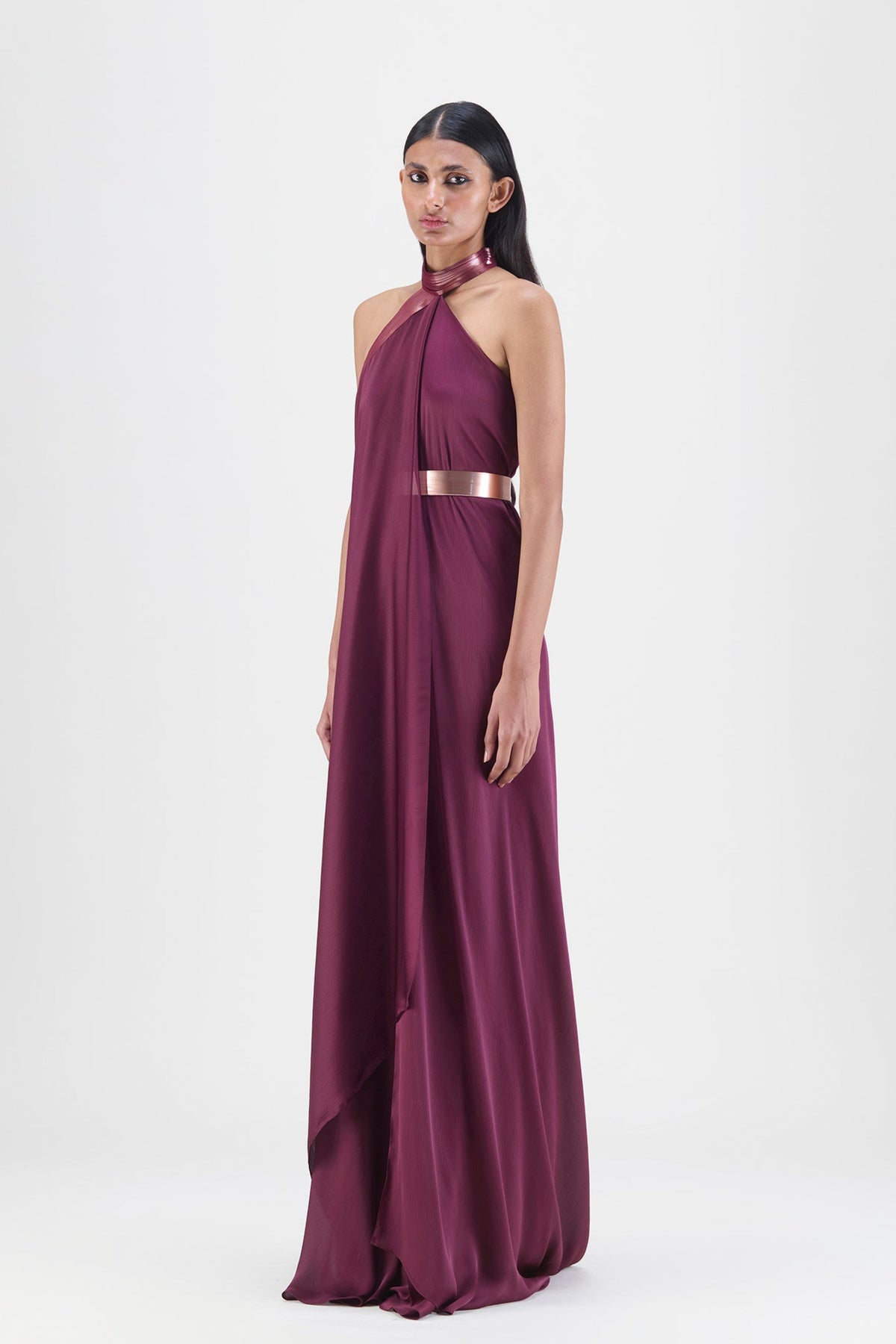 Metallic Plum Halter Gown