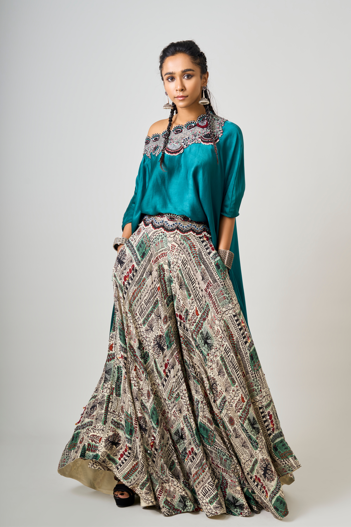 Teal Off-shoulder Top With Lehenga