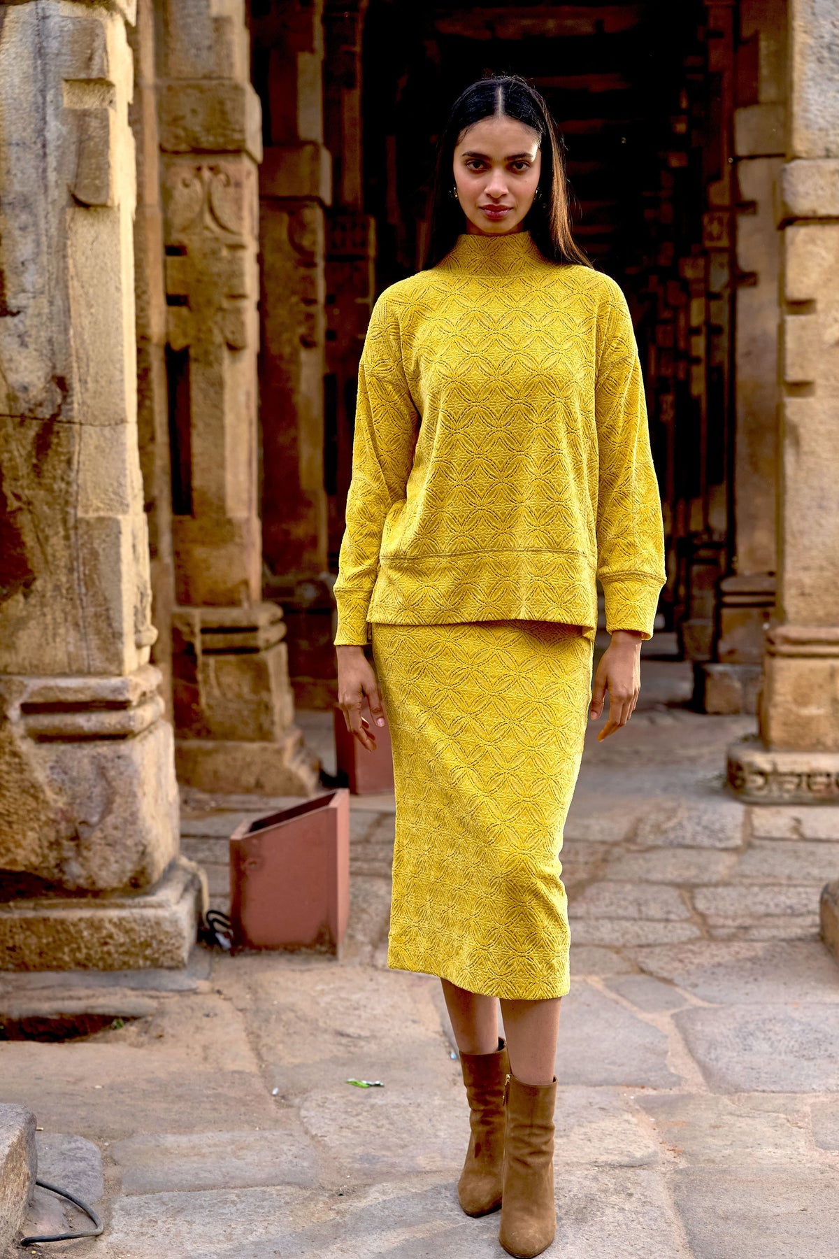 Yellow Knitted Lace Skirt Set