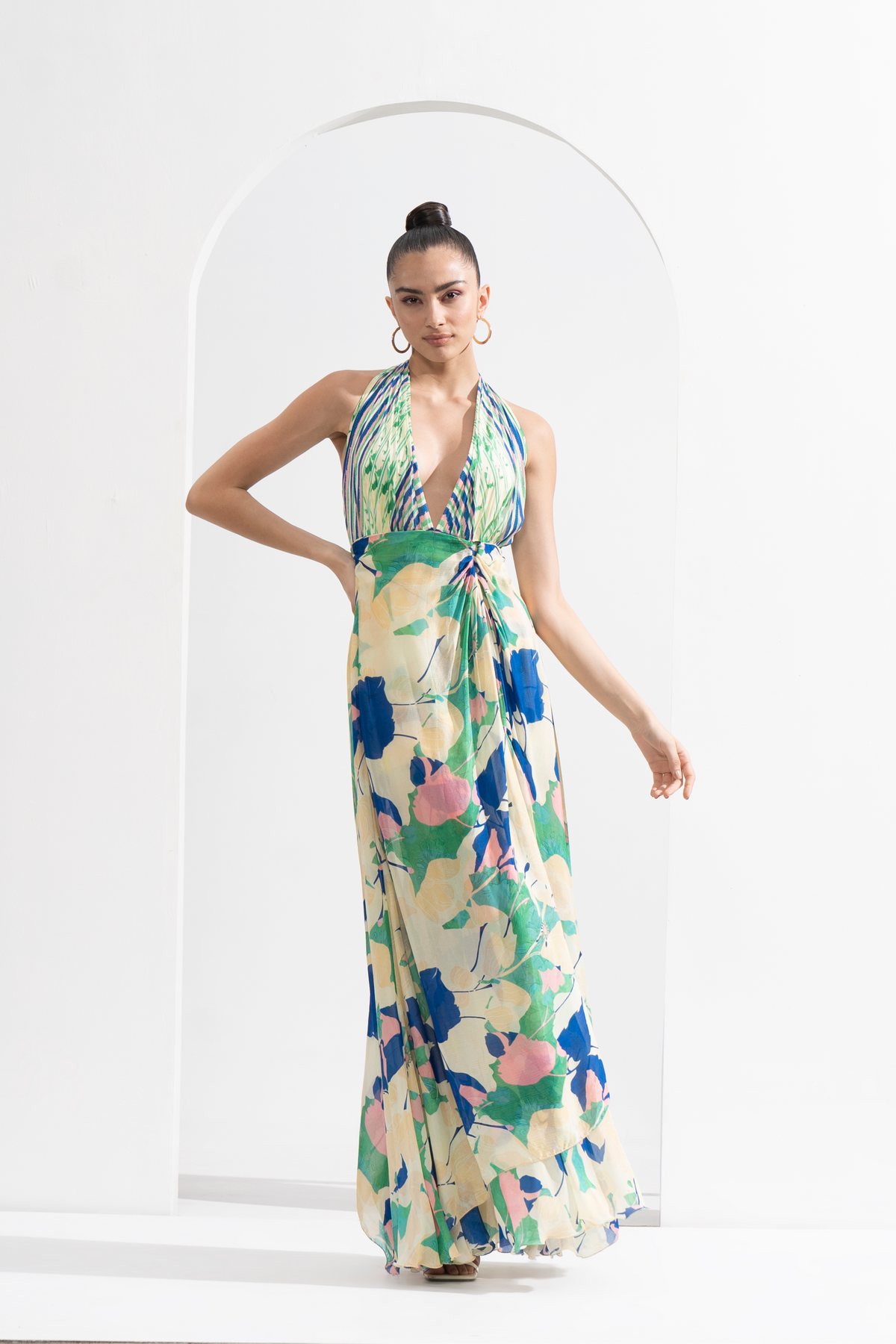 Printed Draped Halter Neck Dress