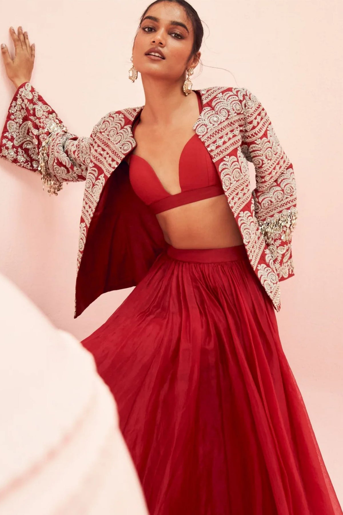 Love Red Lehenga And Embroiderd Jacket Set