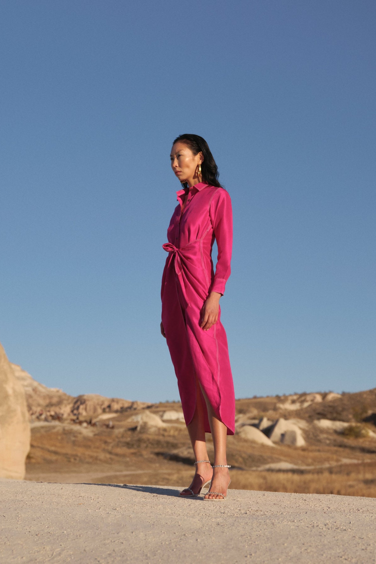 Fuschia Layered Shirt-dress With Sarong Belt