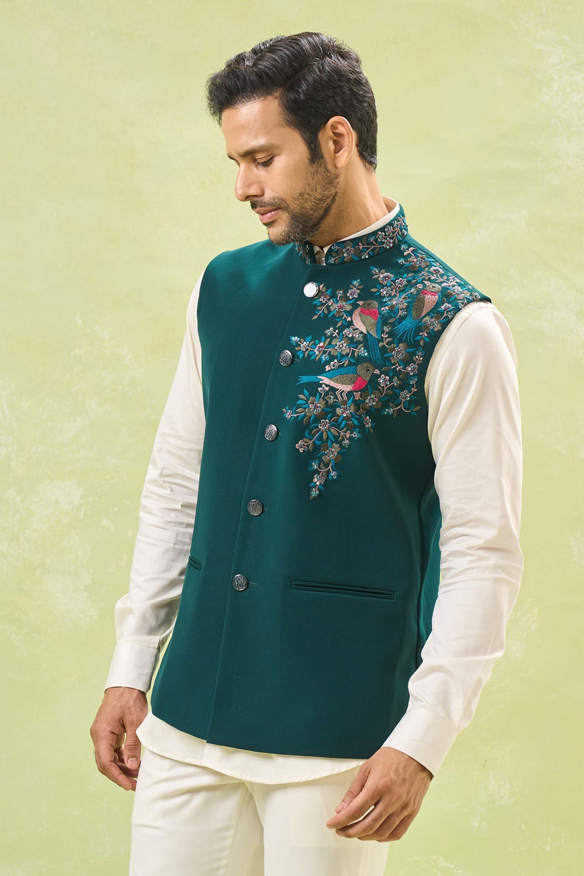 Teal Green Embroidered Nehru Jacket