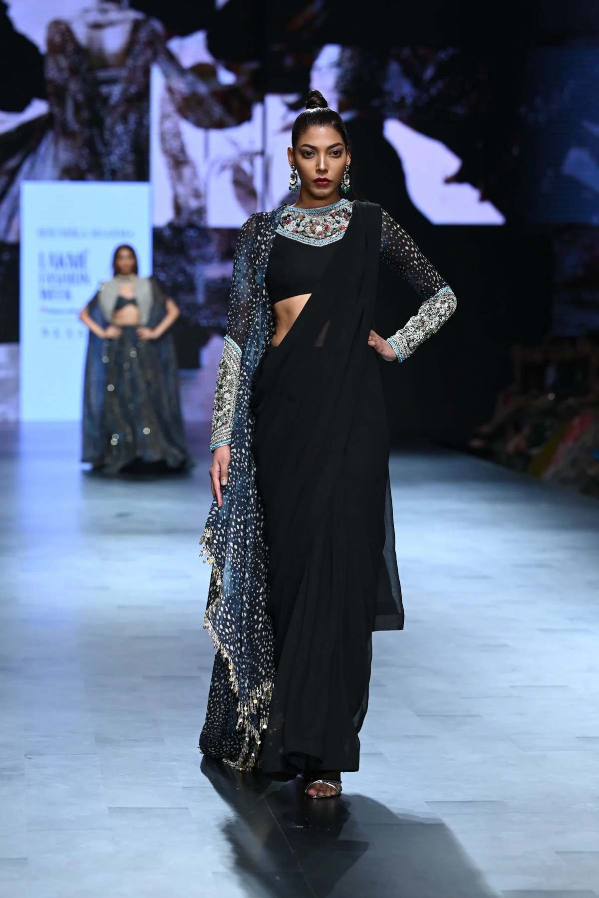 Black Saree With Rosette Drape