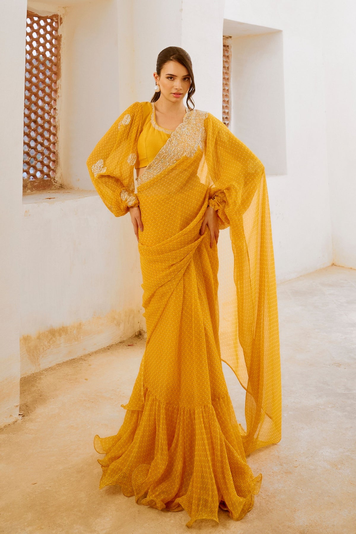 Marigold  Saree With Balloon Sleeve Blouse