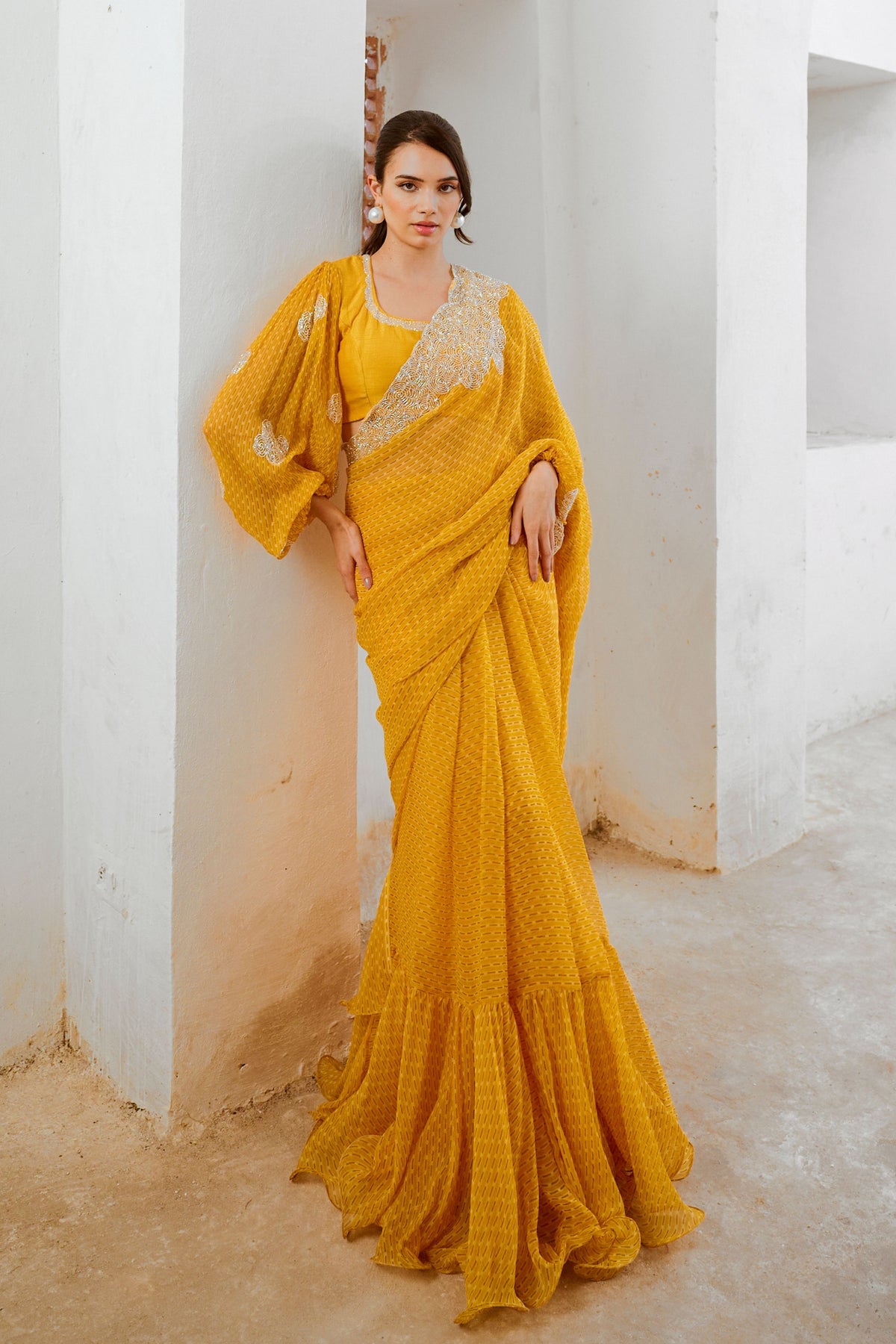 Marigold  Saree With Balloon Sleeve Blouse