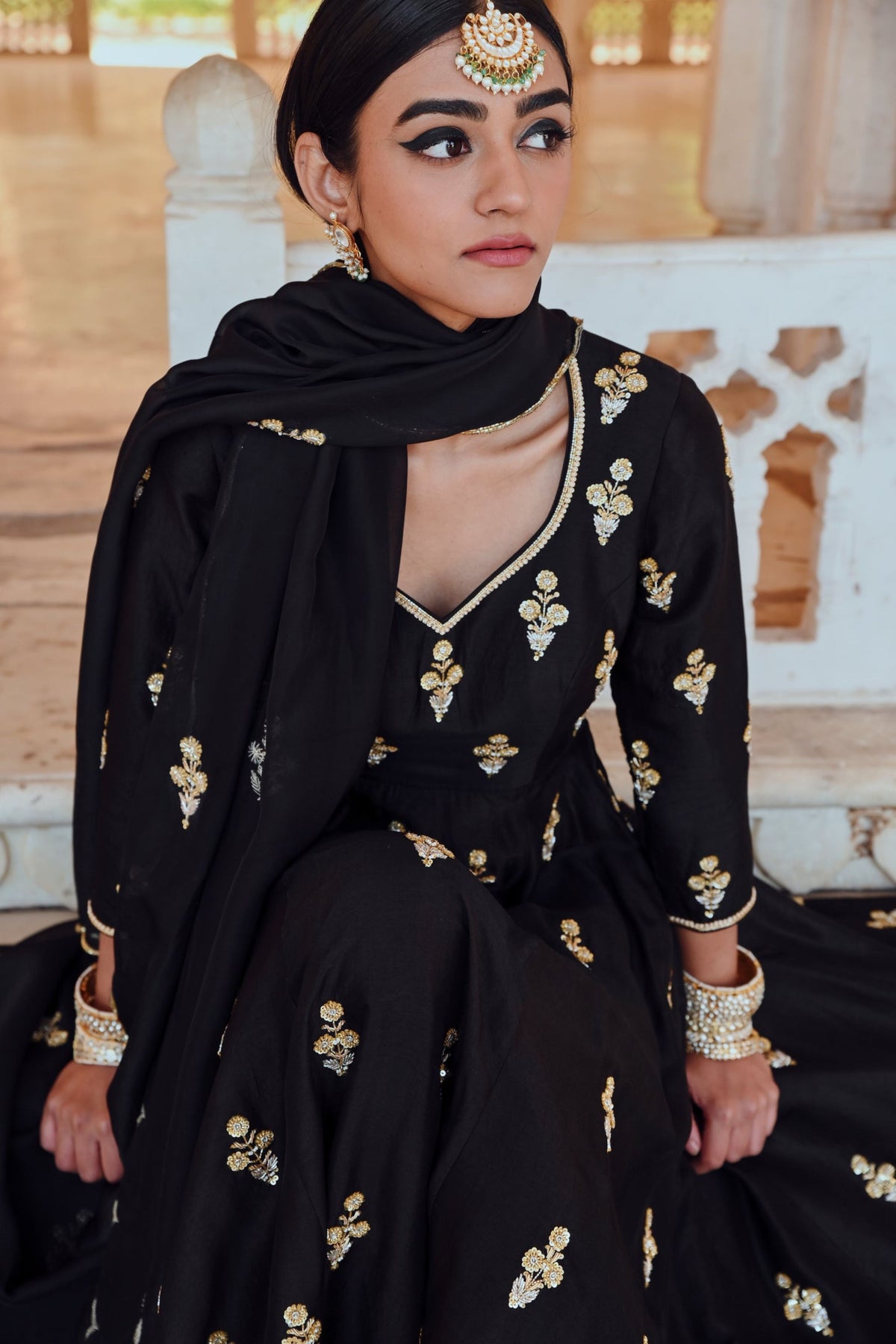 Black Embroidered Kali Anarkali Set