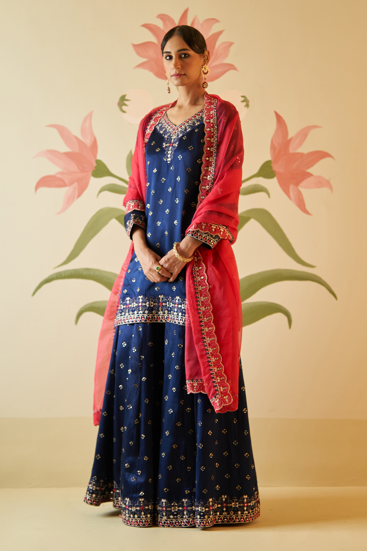 Mid Night Blue Satin Silk Sharara Set