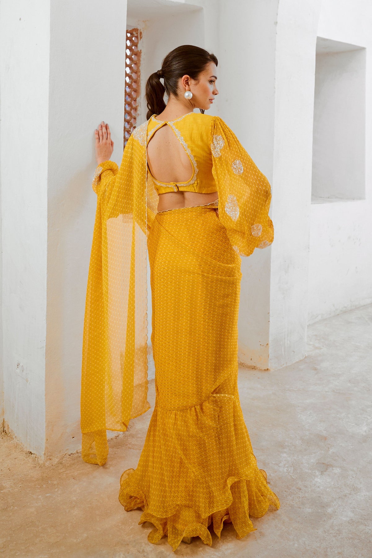 Marigold  Saree With Balloon Sleeve Blouse