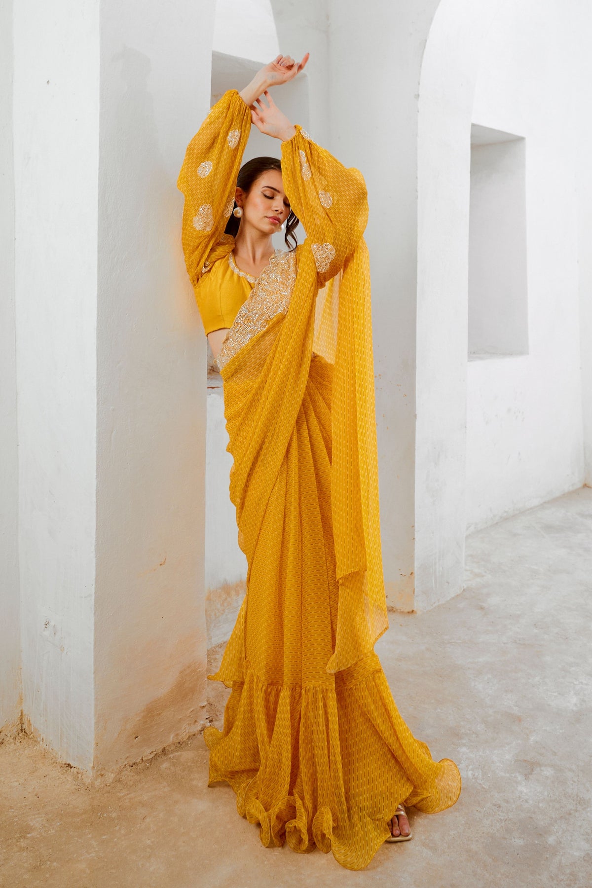 Marigold  Saree With Balloon Sleeve Blouse