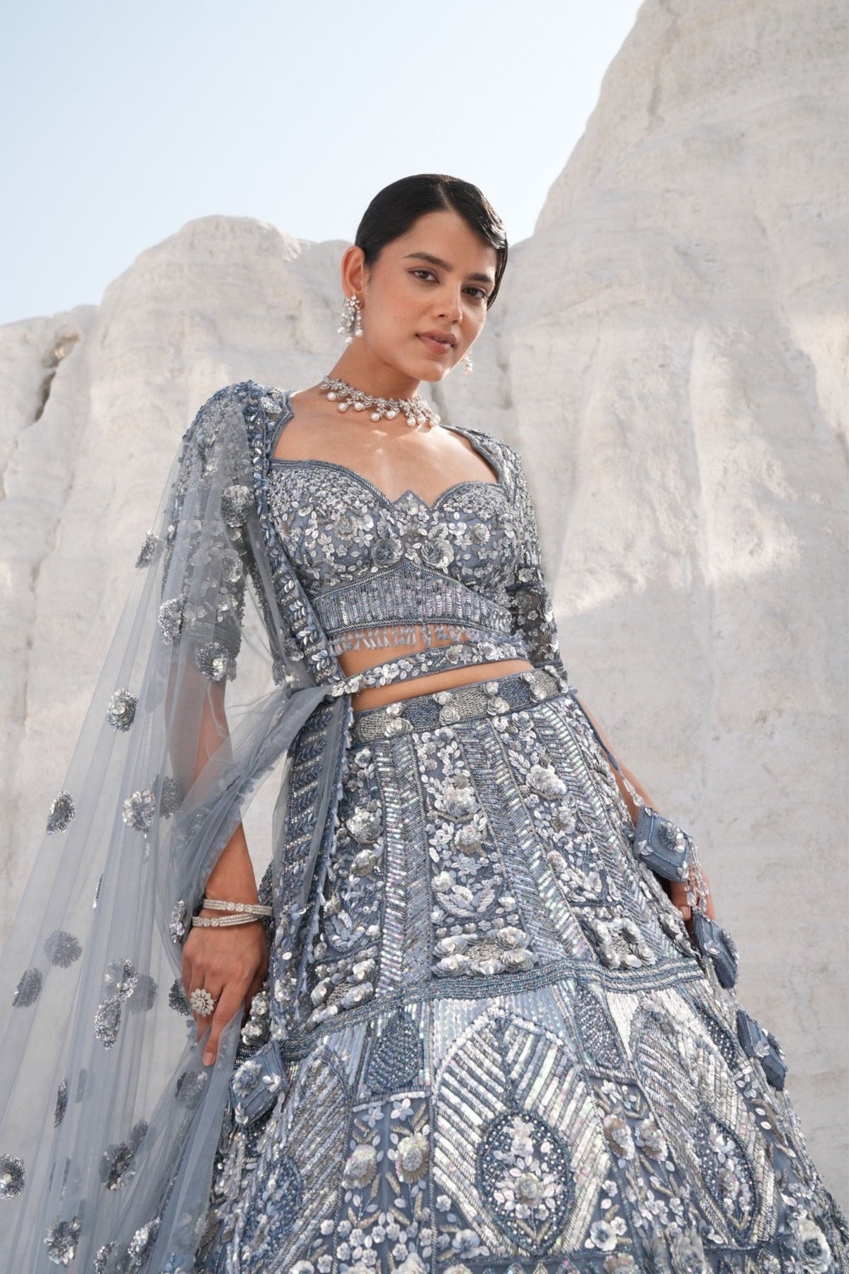 Ice Blue Embroidered Lehenga Set