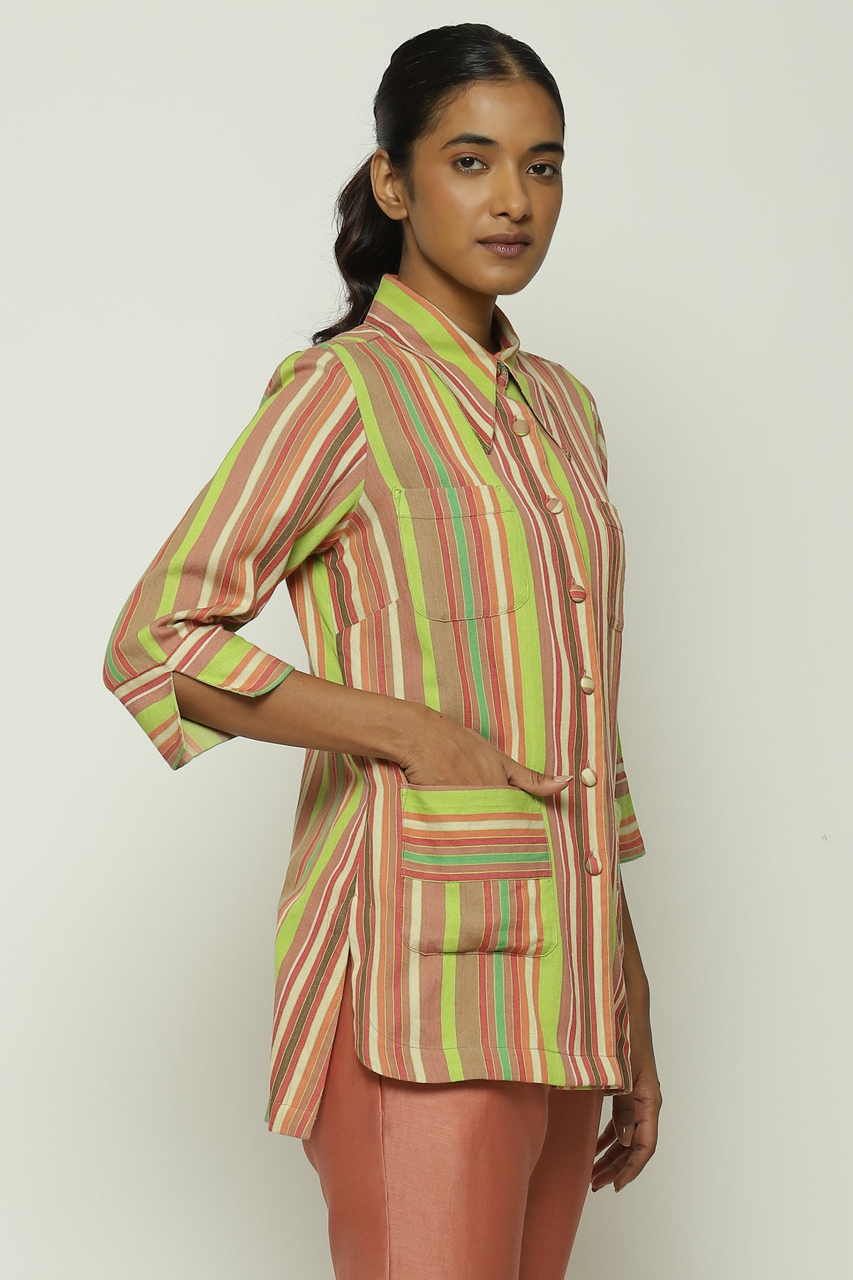 Green Multicolour Woven Stripes Shirt