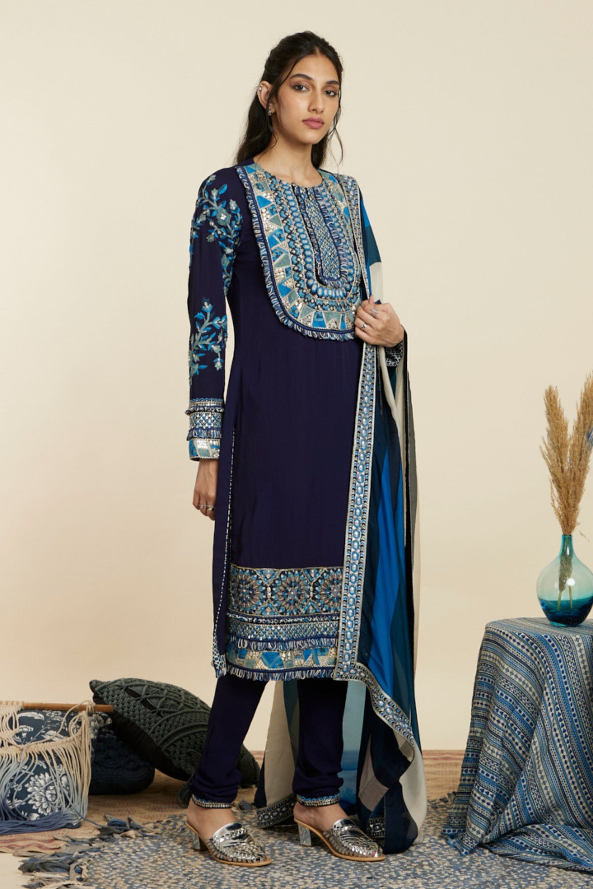 Blue Embellished Yoke Kurta Set