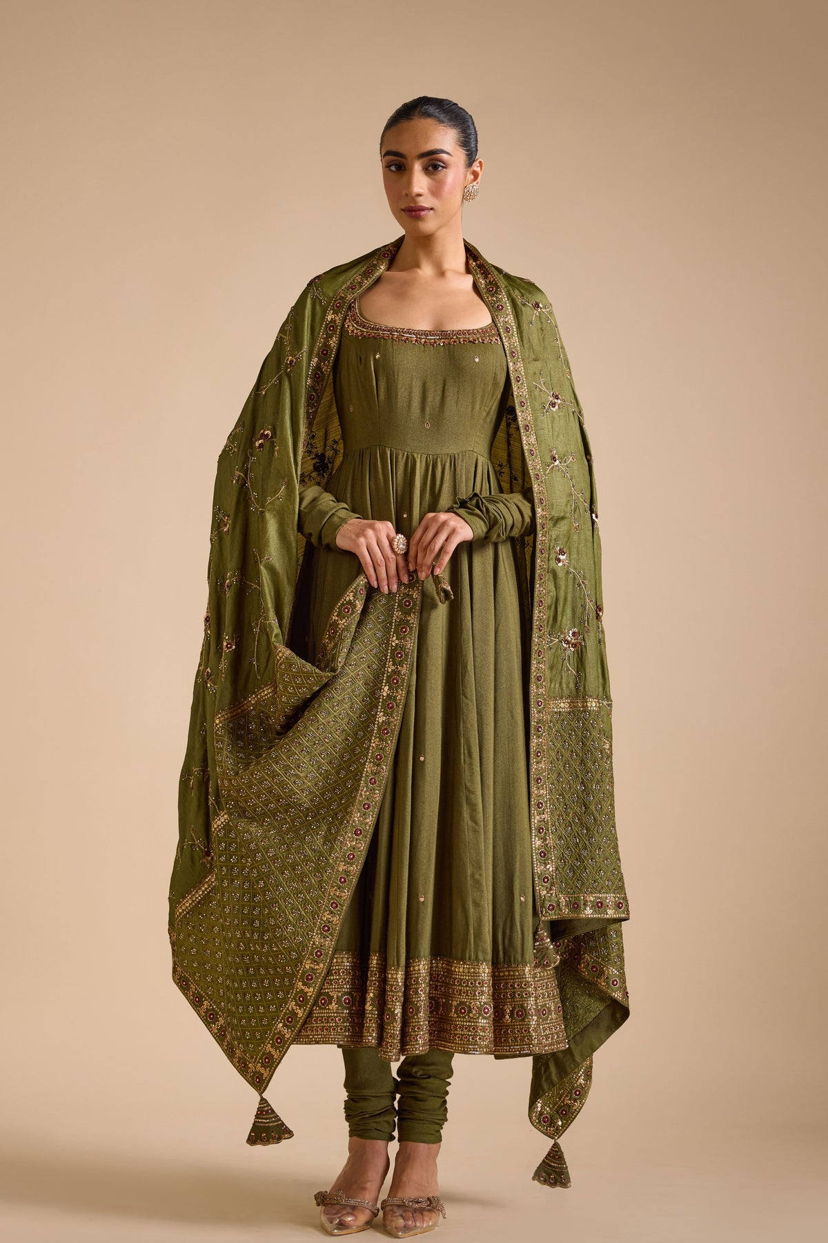 Olive Tussar Anarkali Set