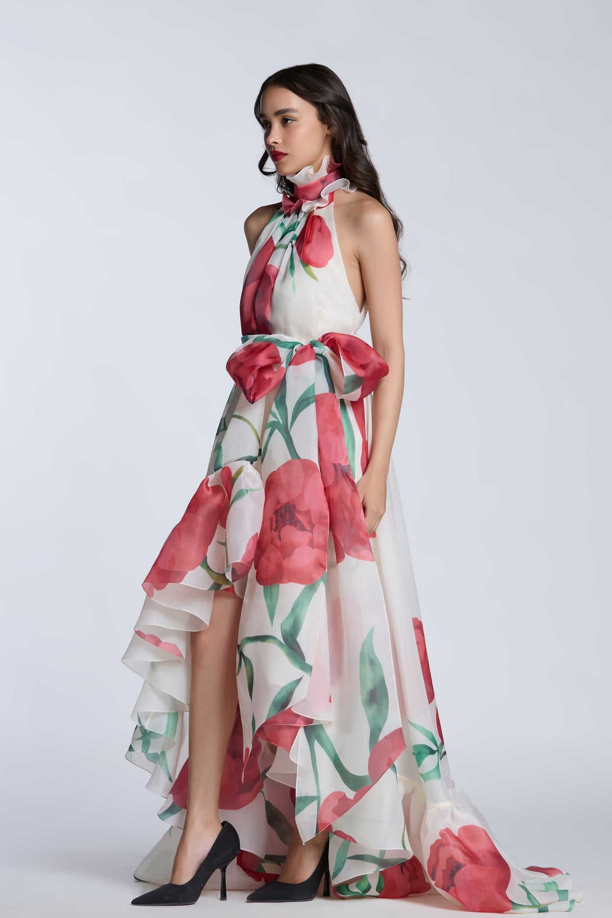 Red Peonies on Ivory Dress