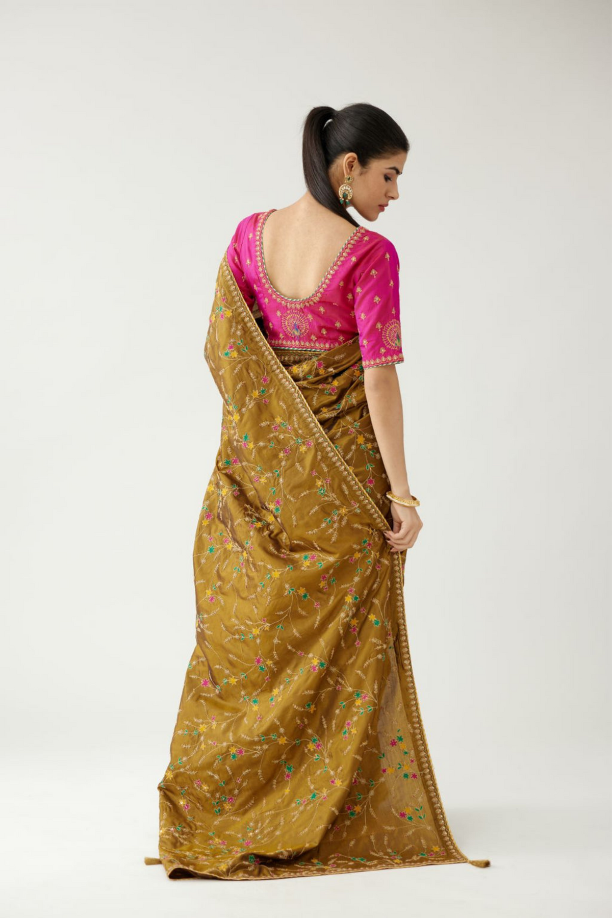 Golden olive silk saree set