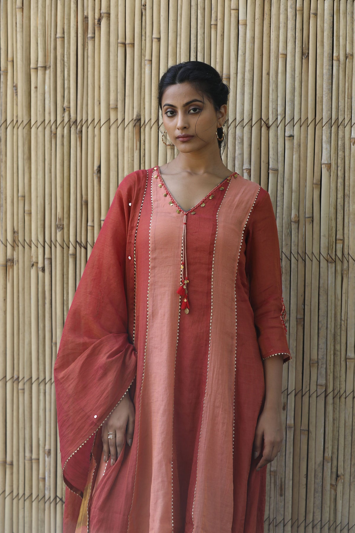 Red And Peach Kurta Set