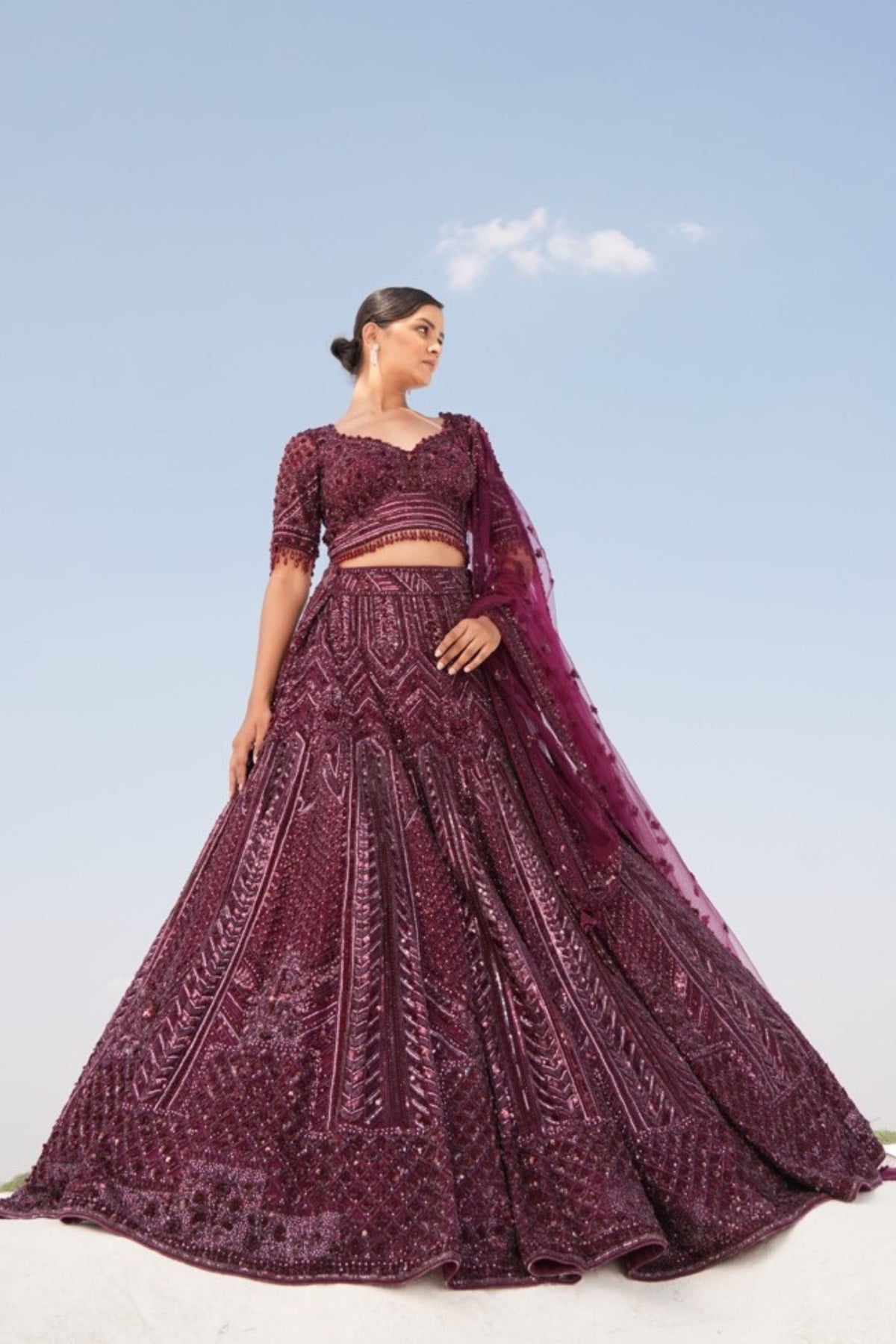 Wine Embellshed Lehenga Set