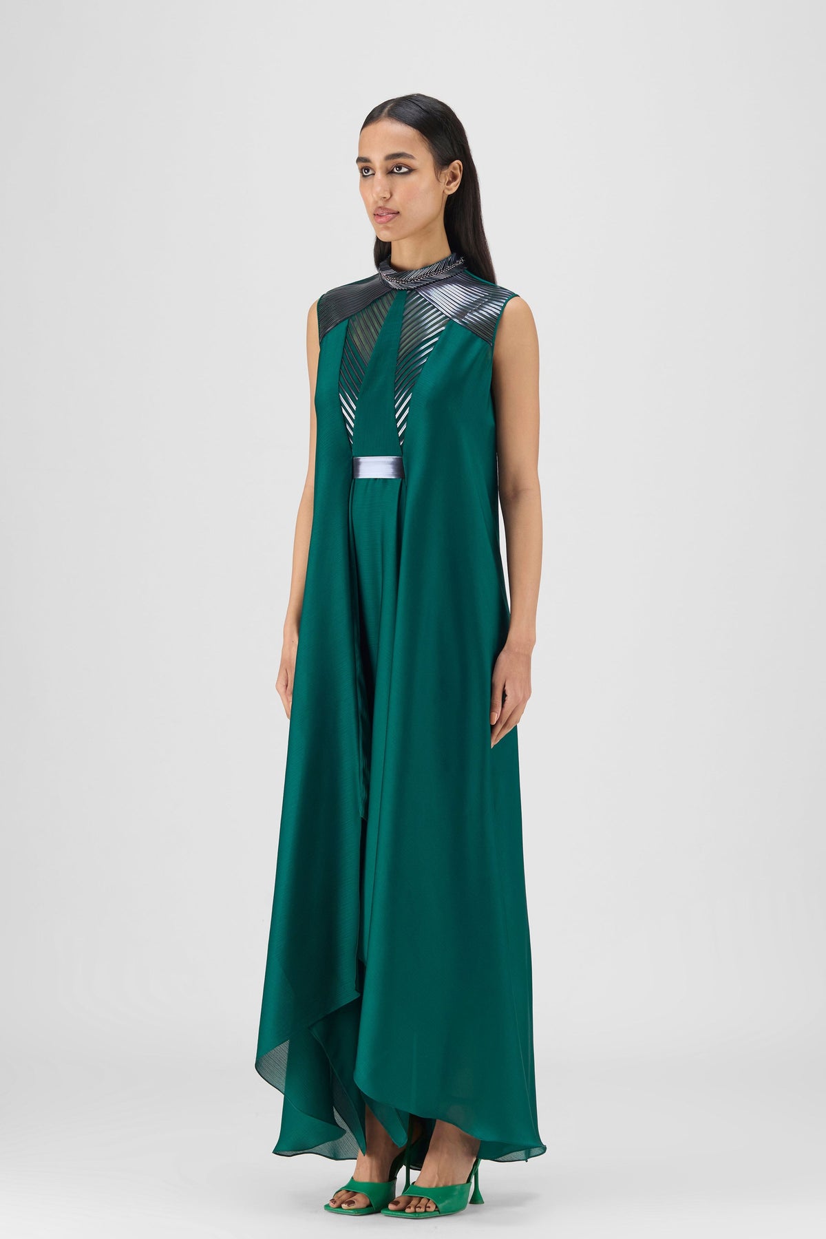 Metallic Paneled Gown With Beads