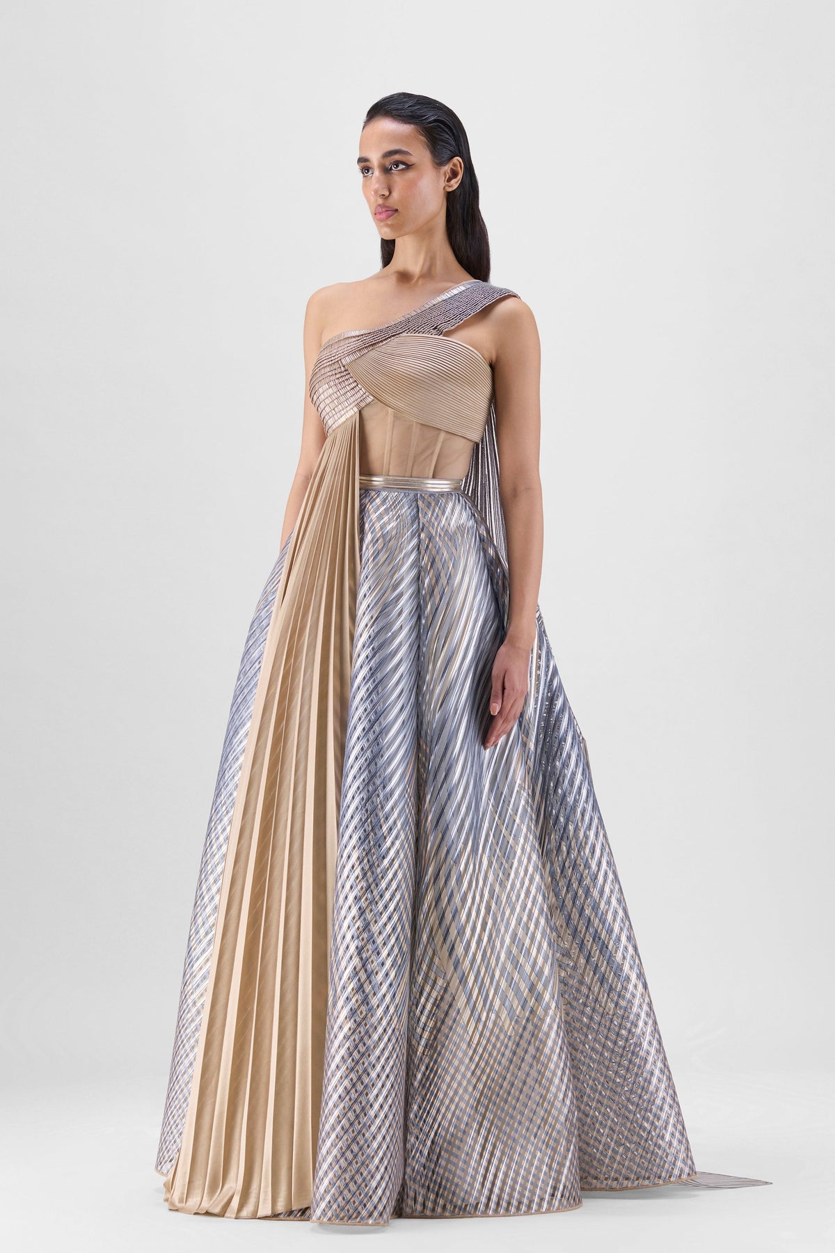 Sand Fluted Lehenga With Two Drapes