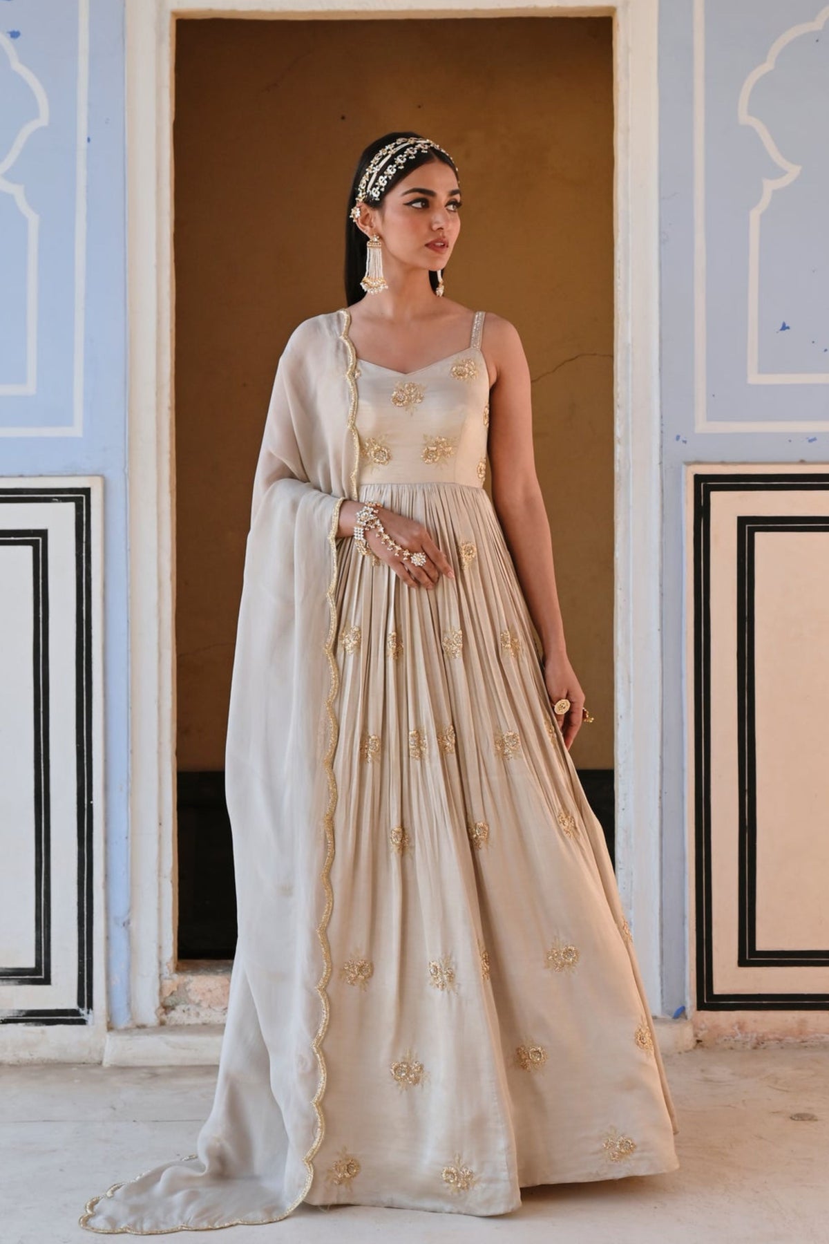 Grey Embroidered Anarkali Set