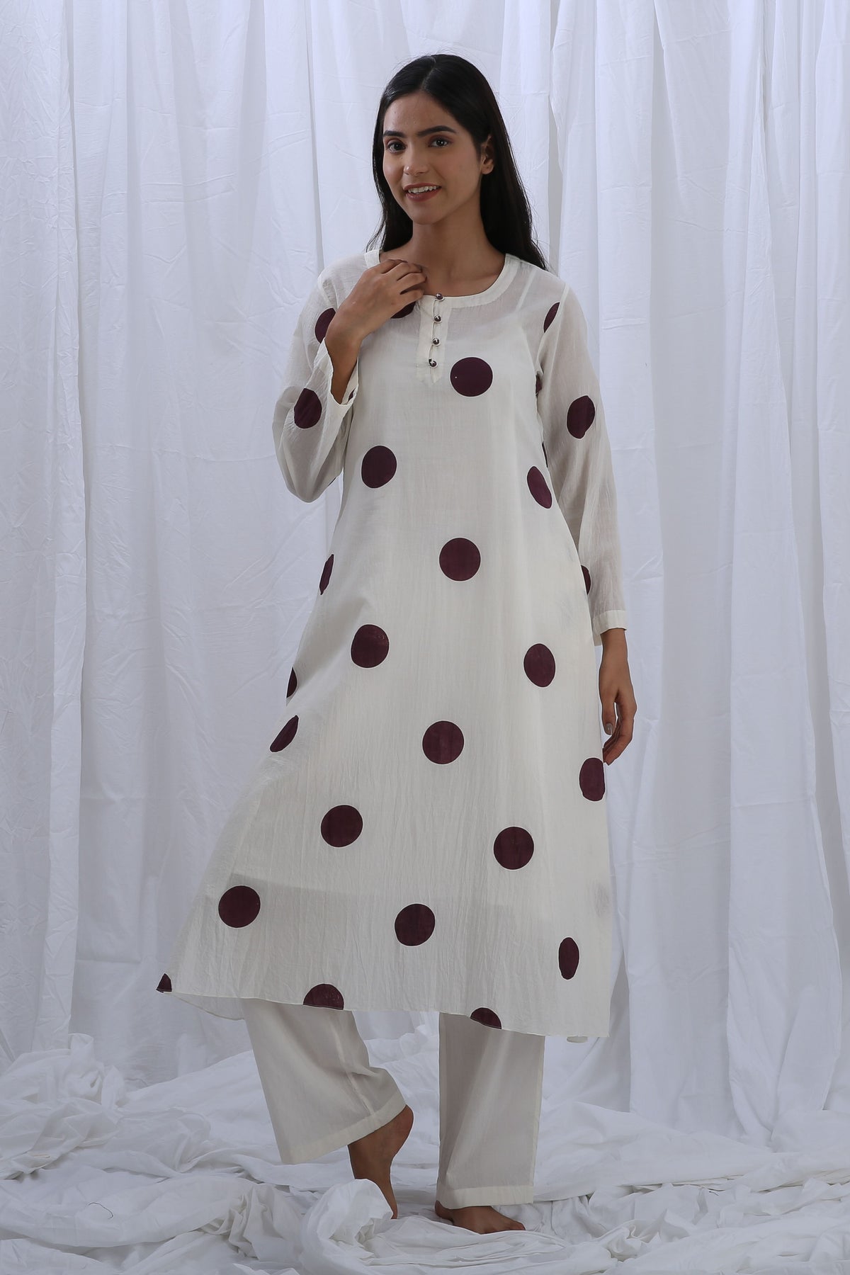 Berry Polka Kurta Set With Dupatta