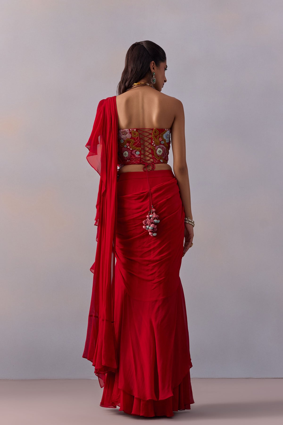 Red Jiah Pre-draped Saree Set