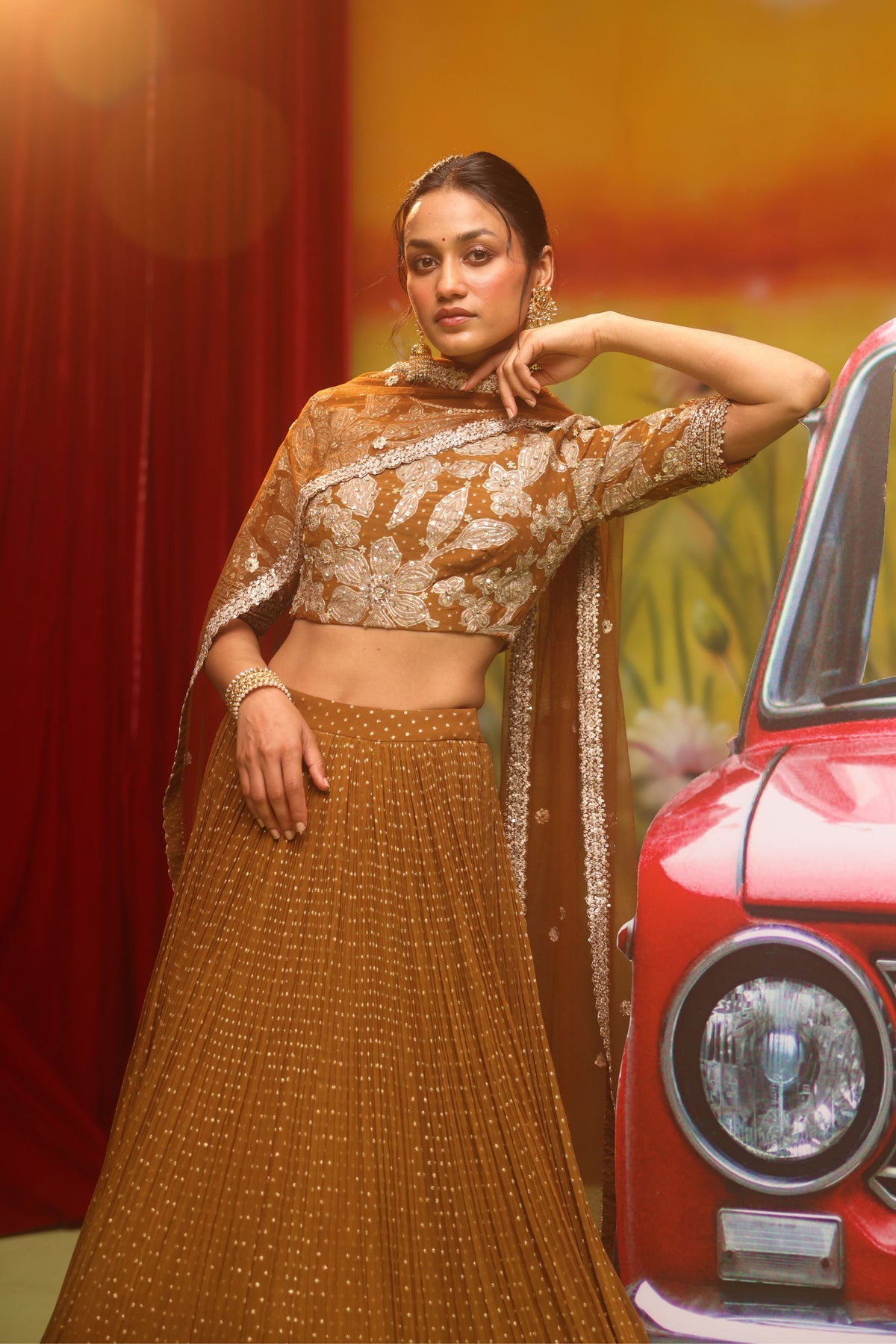 Caramel Embroidered Lehenga Set