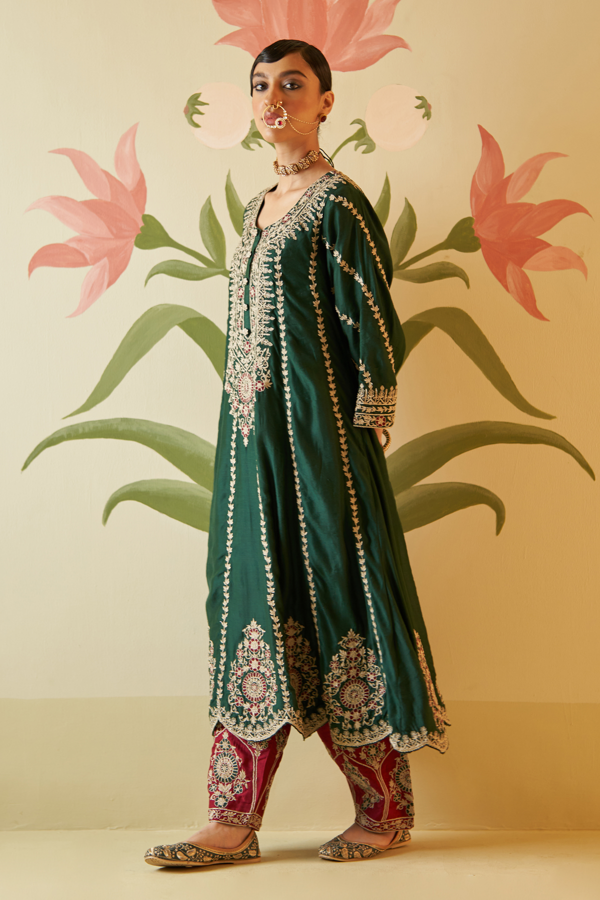 Green Chanderi Silk Choga Set