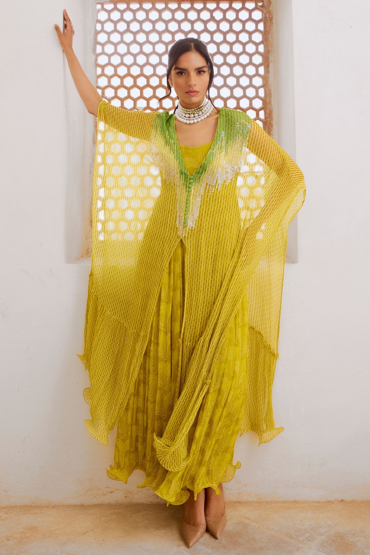 Lemon Green Bling Kaftan Dress Set