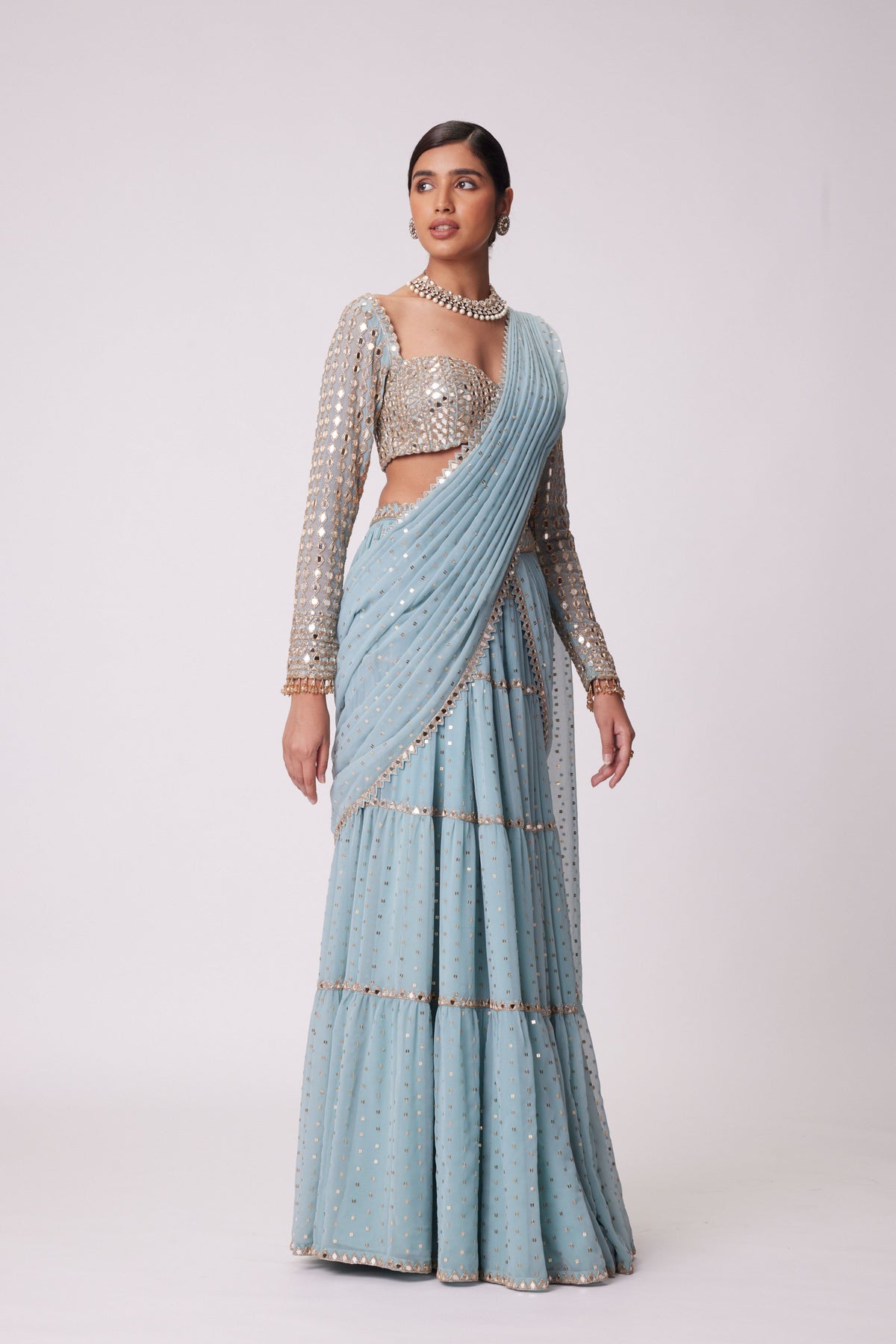 Powder Blue Multitier Saree Set