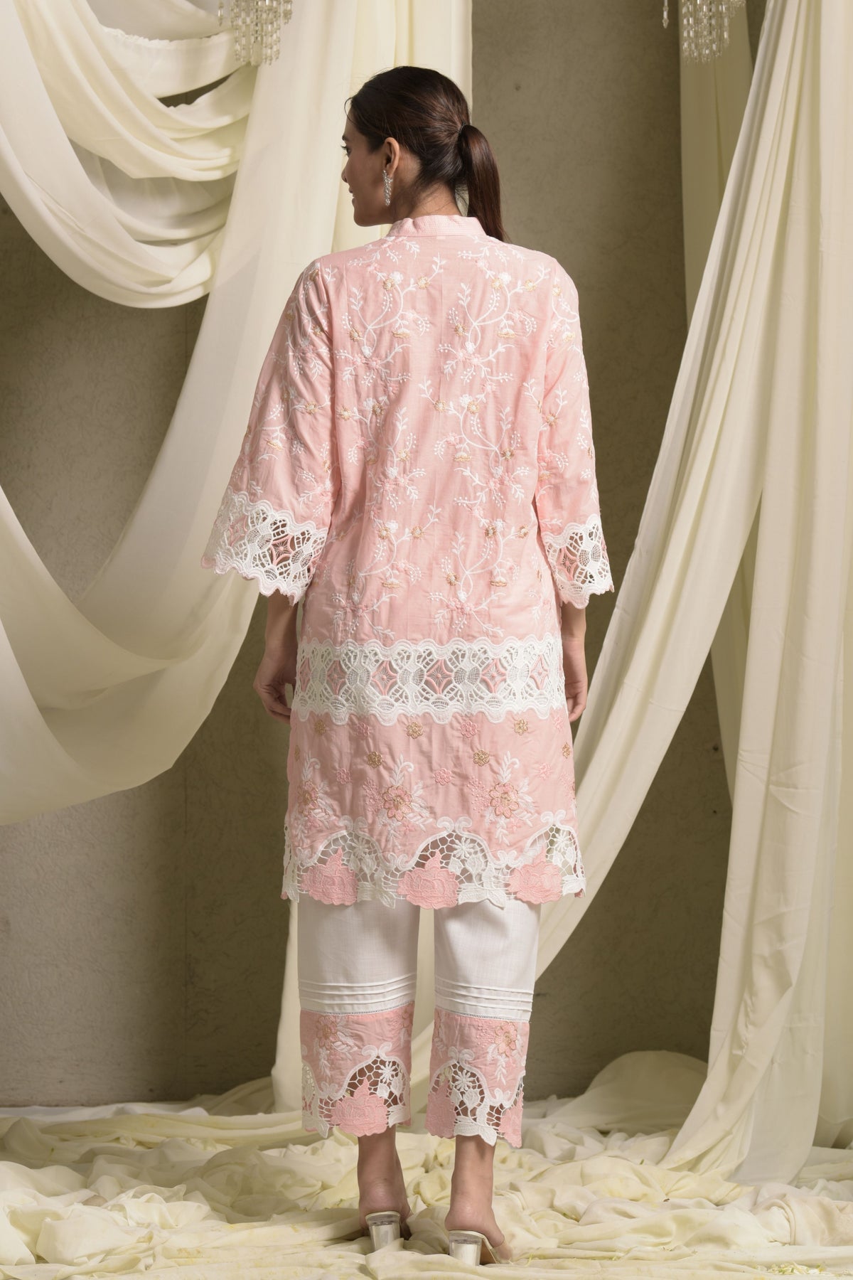 Myra Mesh Floral Lace Peach Kurta Set