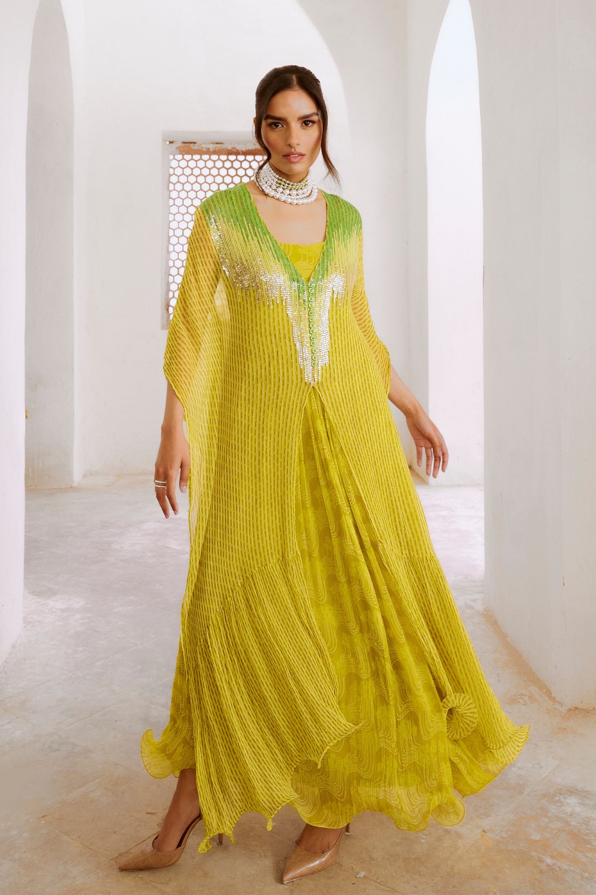 Lemon Green Bling Kaftan Dress Set