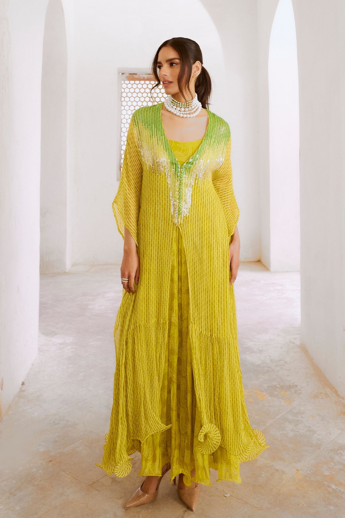 Lemon Green Bling Kaftan Dress Set