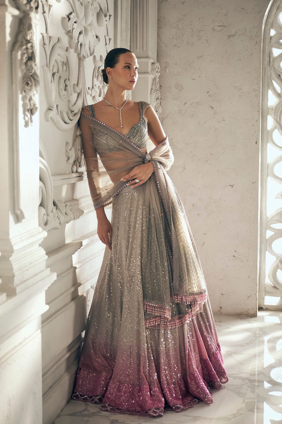 Grey to Pink Lehenga Set