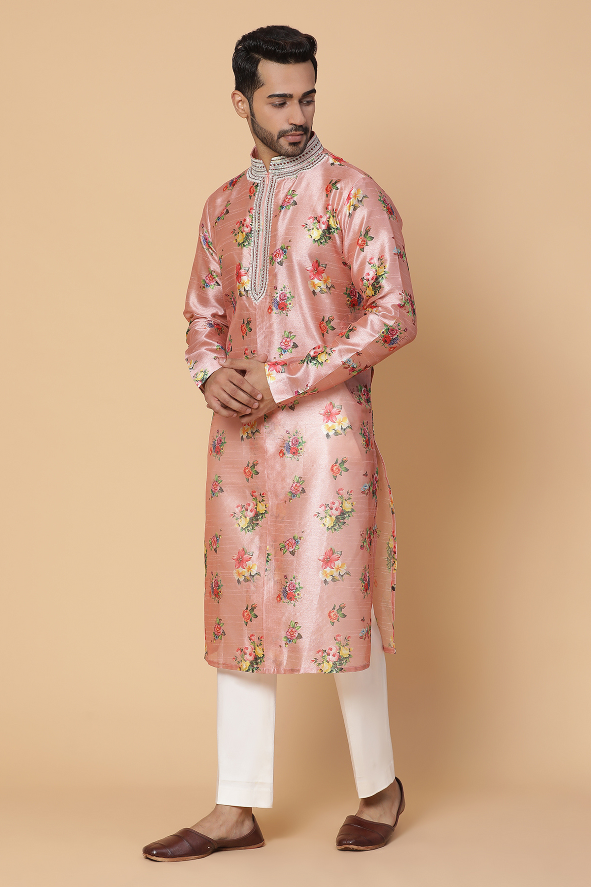 Pink floral silk kurta