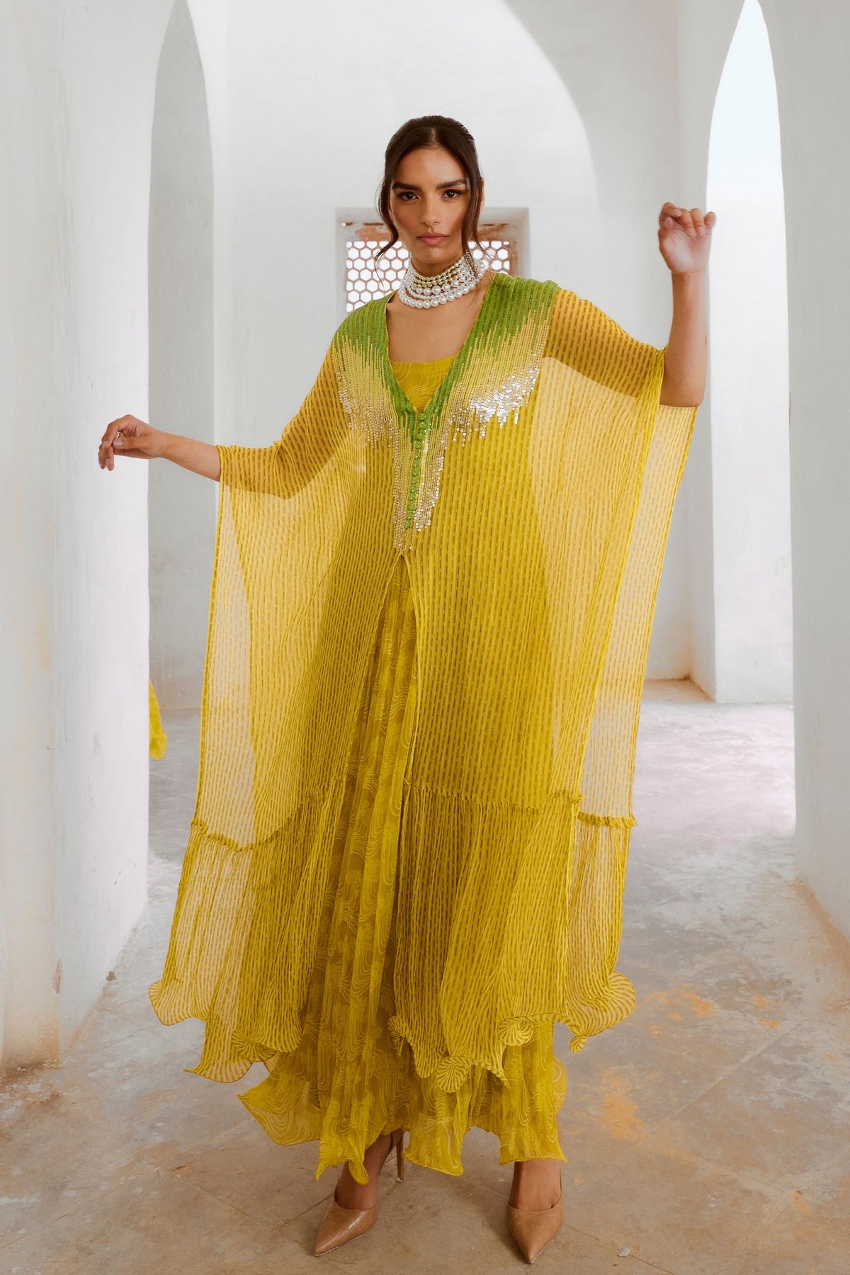 Lemon Green Bling Kaftan Dress Set