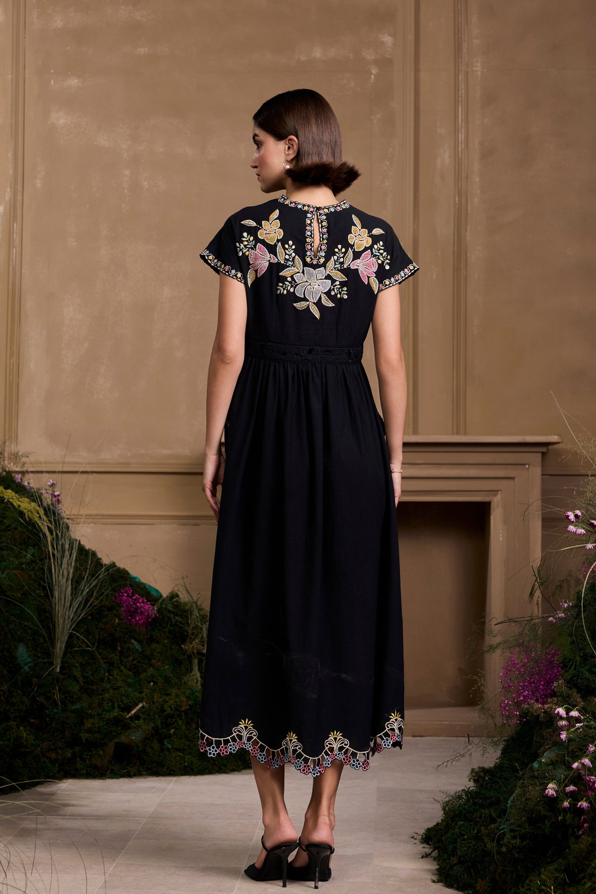 Black Floral Embroidered Midi Dress